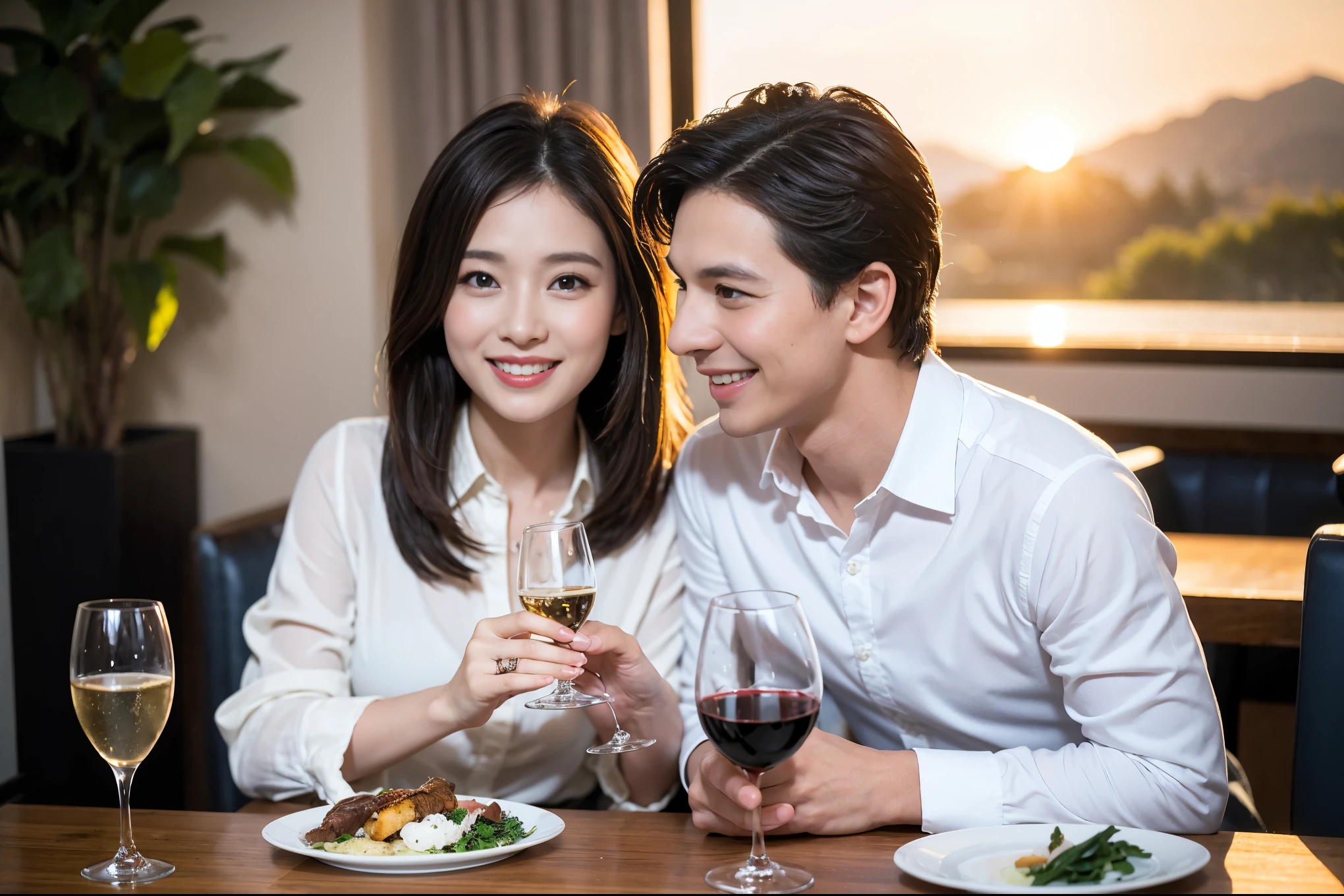 ((highest quality、8k、masterpiece:1.3))、1 male 1 female、Lovers、beautiful couple、Happy Smile、 (Slim face), (The body is スリム), (Brown Hair), (Shortcuts), ((Bob Hale、Straight hair:1.2)), Wine glass on the table、Please put light on my face、 Amazing view of the sunset sky and clouds、Amazing mountain views、The wonderfulness of smiles、Bright image、Blushing, Shortcuts,Bright Face、 (36 years old), 39 years old, red wine 、Appetizers、Italian food、Wine bottle、Champagne、sparkling wine、Long sleeve shirt、dress、Attractive beauty、restaurant, Nova Frog Style, actress, model, Upper Body, White wine, red wine, wine glass,