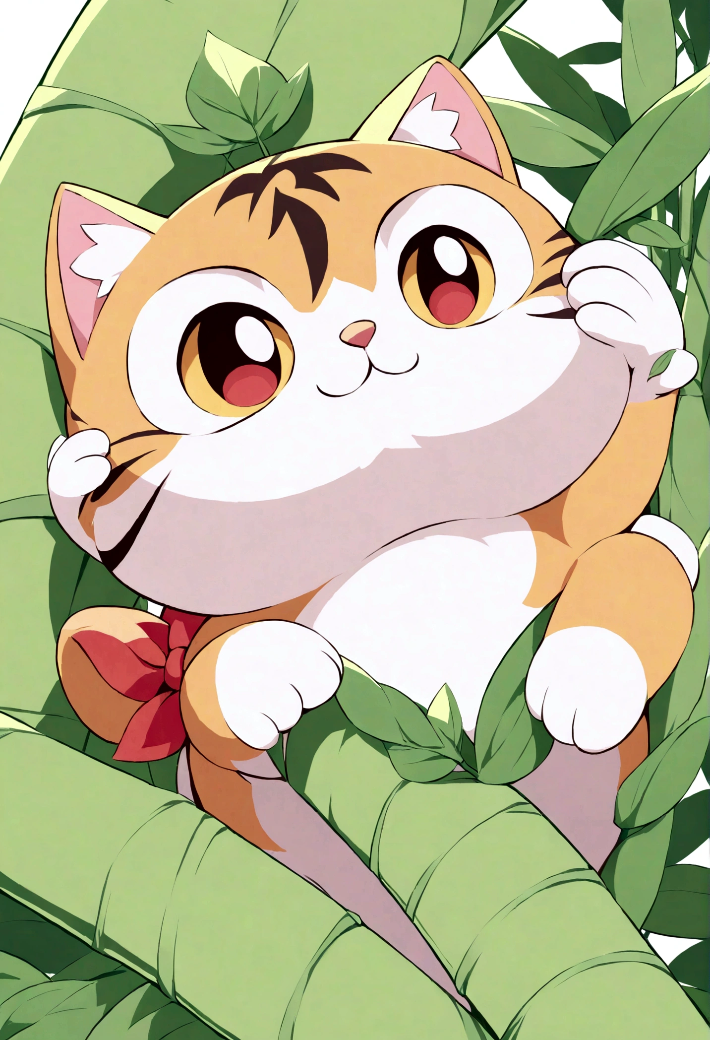 A triangular zongzi,Head cat shape,Made of glutinous rice,Cute expression,The lower body is wrapped in zong leaves,Head sticking out of the bamboo leaves,Equally spaced,Cartoon Style,Macro lens,Studio light,Bold color scheme