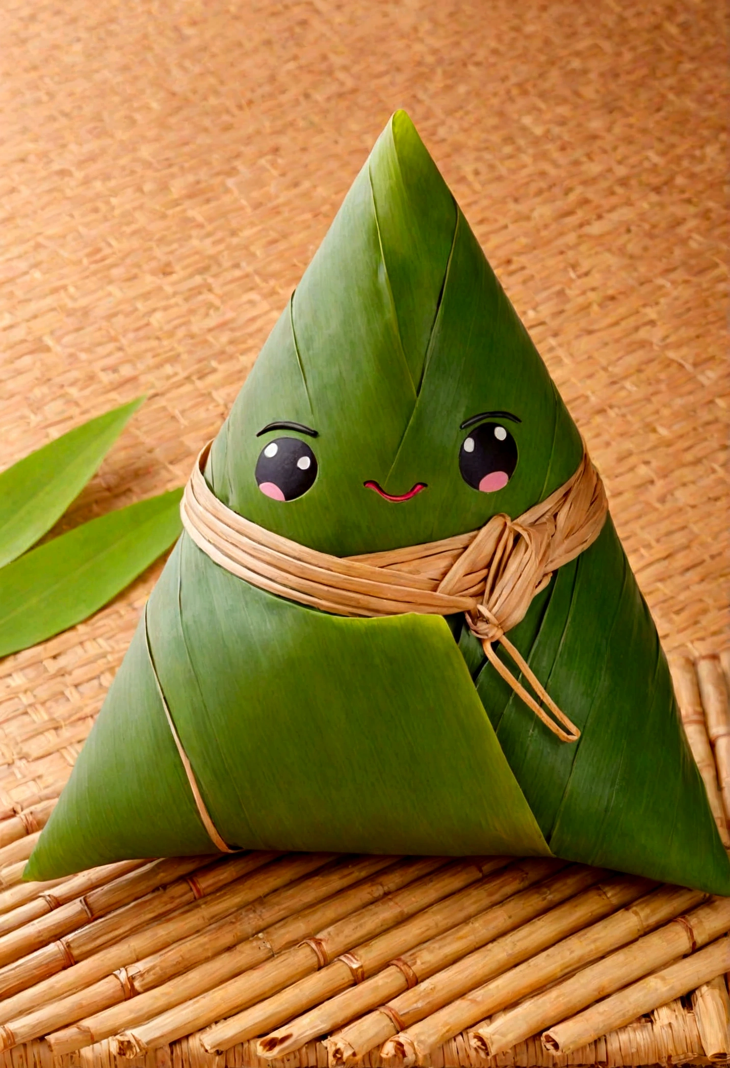 A triangular zongzi，Head cat shape，Made of glutinous rice，Cute expression，The lower body is wrapped in zong leaves，Head sticking out of the bamboo leaves，Equally spaced，Cartoon Style，Macro lens，Studio light，Bold color scheme