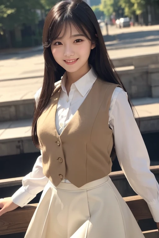 (masterpiece, highest quality:1.3), (Super detailed:1.3), One girl, alone, (Black Hair, Long Hair, smile), Flat Chest, Brown eyes, (Long sleeve, White shirt, Beige vest, White Skirt), Cinema Lighting, Dynamic Angle, Bright outdoors,