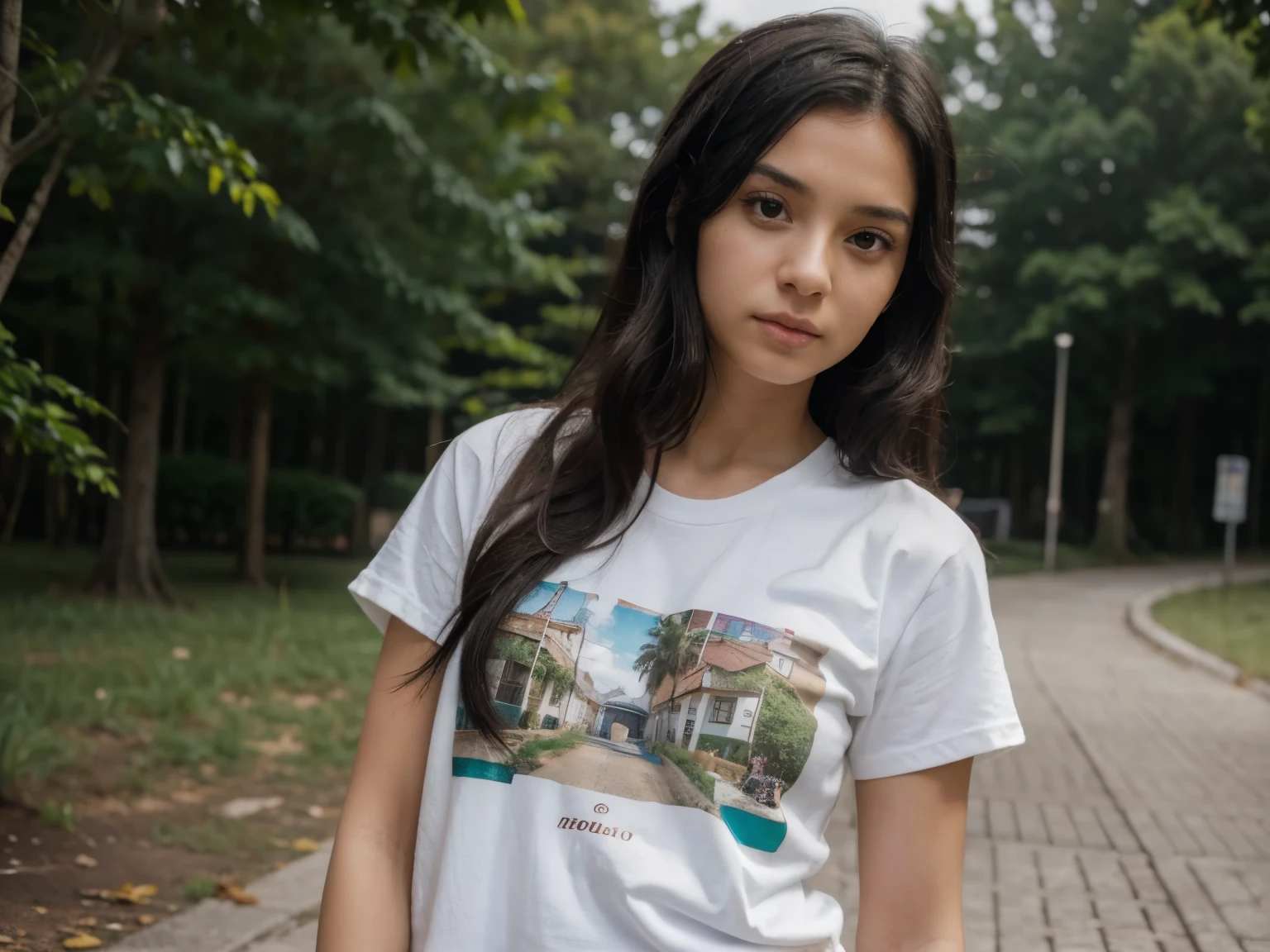 (8k, RAW Photo, Best Quality, Masterpiece:1.3),(Real,Photo:1.37),(Black Hair),Pose,1girl,Very Beautiful Face,Cute,(Small),(Put Your Hands Down))),Poggy Hairstyle,Random Expression,(White T-shirt),JK_style,(Track Shorts) ,Black Hair,(Age 19),Modest,Five Fingers,Normal Hands,Small Mouth,Straight Hair