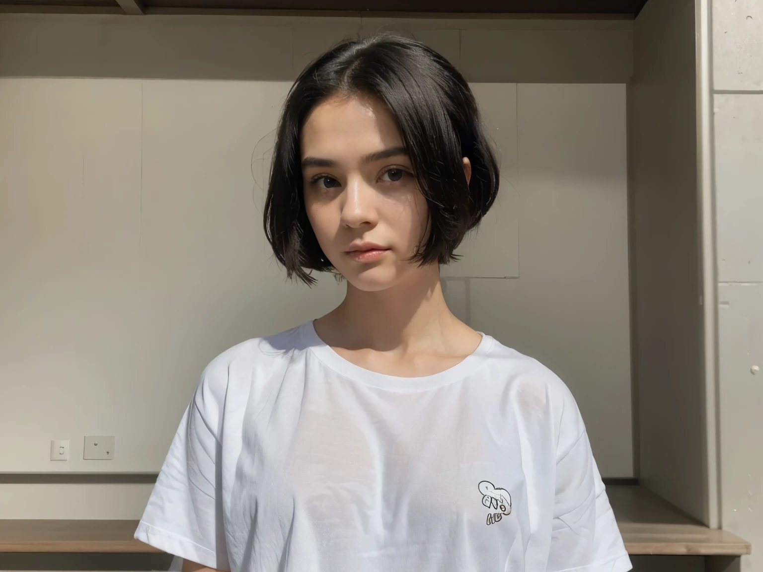 (8k, RAW Photo, Best Quality, Masterpiece:1.3),(Real,Photo:1.37),(Black Hair),Pose,1girl,Very Beautiful Face,Cute,(Small),(Put Your Hands Down))),Poggy Hairstyle,Random Expression,(White T-shirt),JK_style,(Track Shorts) ,Black Hair,(Age 19),Modest,Five Fingers,Normal Hands,Small Mouth,Straight Hair