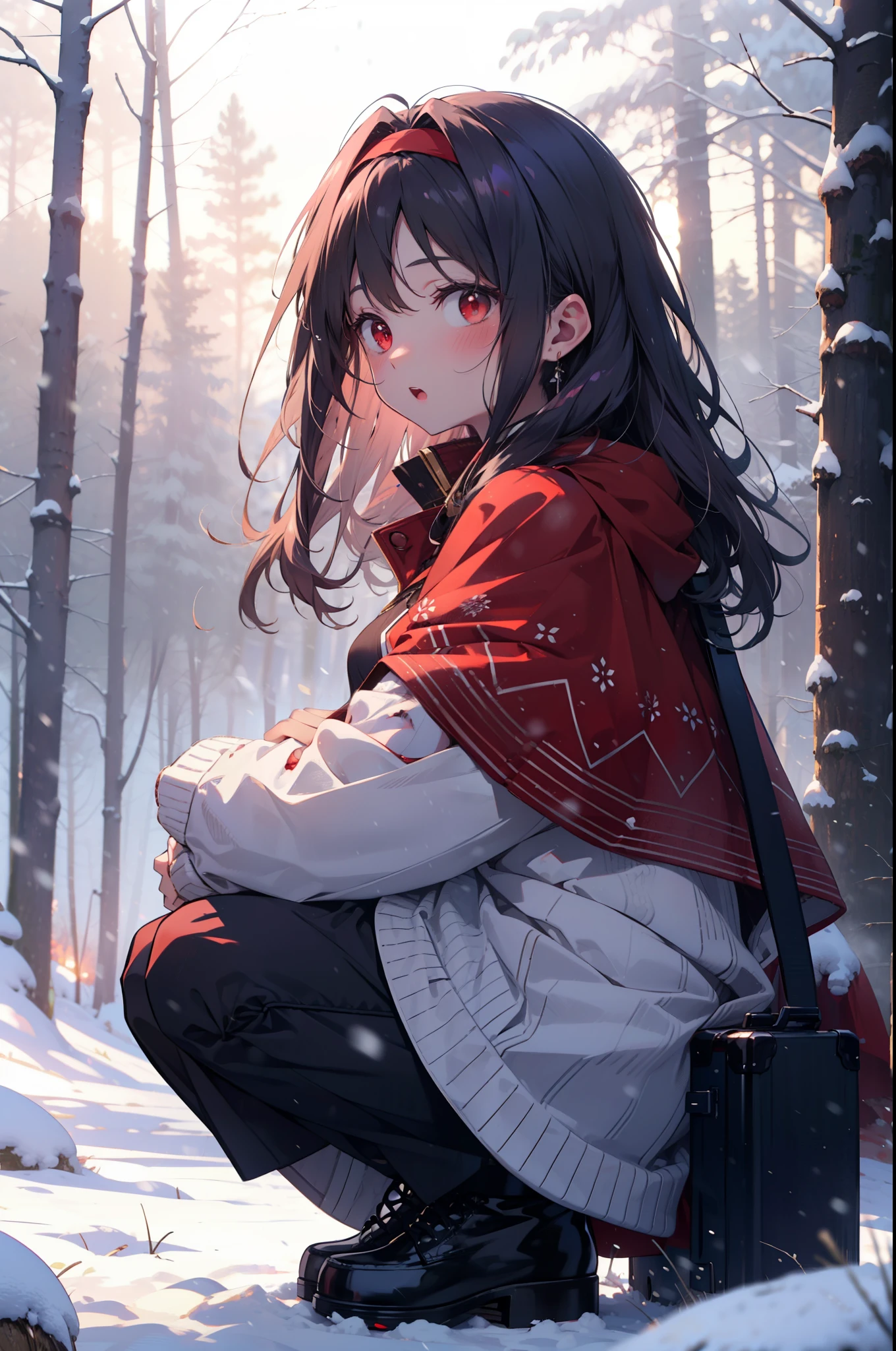 yuukikonno, Yuki Konno, hair band, Long Hair, Pointed Ears, Purple Hair, (Red eyes:1.5), (Small breasts:1.2),blush,White Breath, Open your mouth,snow, Bonfire, Outdoor, boots, snowing, From the side, 地面でBonfireをしている,wood, suitcase, Cape, Blurred, forest,  nature, Brown eyes, , Squat, Mouth closed, ,Cape, winter, Written boundary depth, Black shoes, red Cape
break looking at viewer, Upper Body, whole body,
break Outdoor, forest, nature,
break (masterpiece:1.2), highest quality, High resolution, unity 8k wallpaper, (shape:0.8), (Beautiful and beautiful eyes:1.6), Highly detailed face, Perfect lighting, Extremely detailed CG, (Perfect hands, Perfect Anatomy),