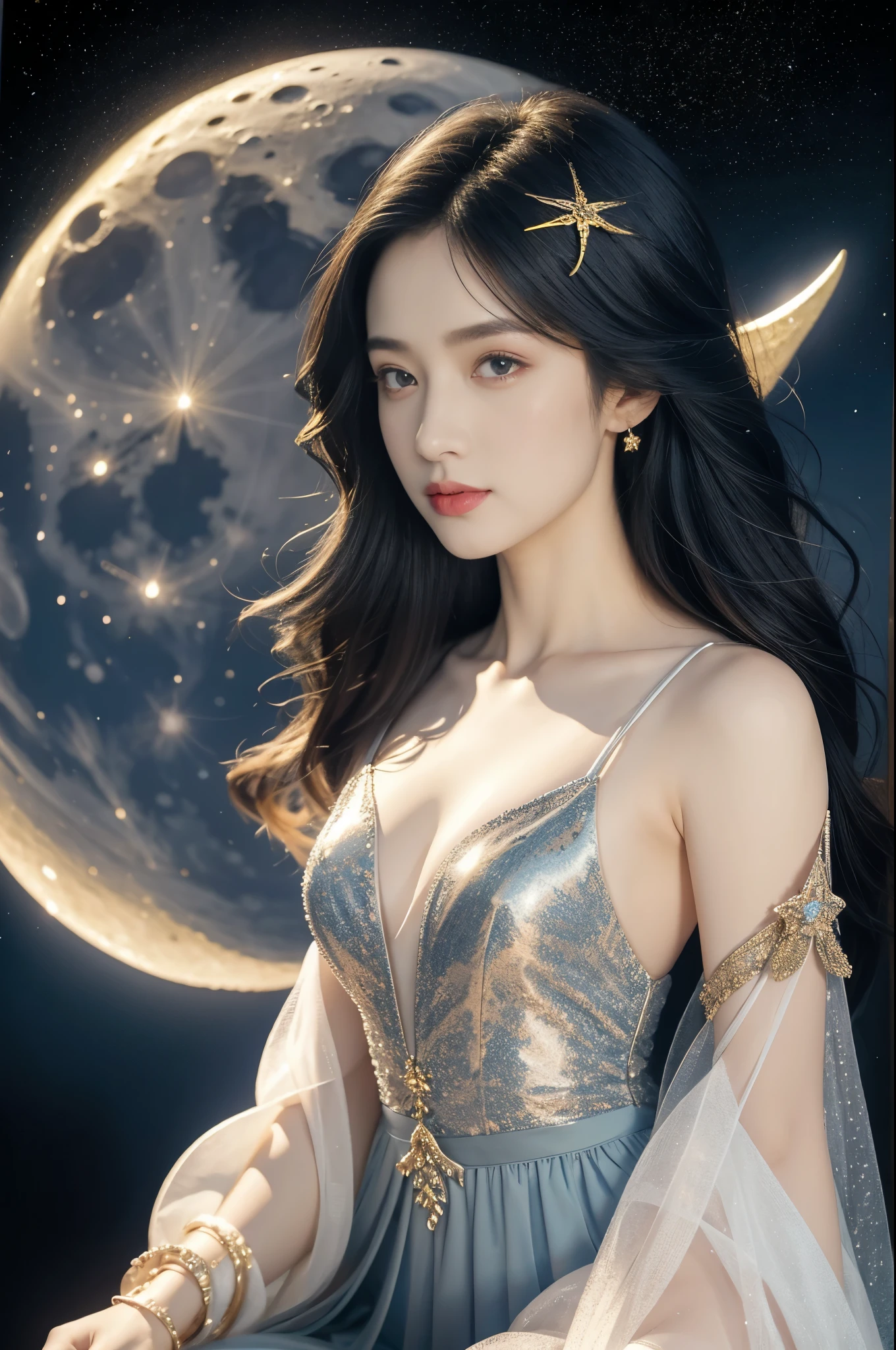 Close-up of a girl,gorgeous dress,sitting,on the moon,detailed background of the moon,Moon Goddess,Beautiful Celestial Mage,Goodness of Heaven, Celestial Fairy,very Beautiful fantasy art,8k high quality detailed art,medium straight bob hair,slim,thin,flat chest,small breasts,best quality,masterpiece,upper body,starry sky,night scene