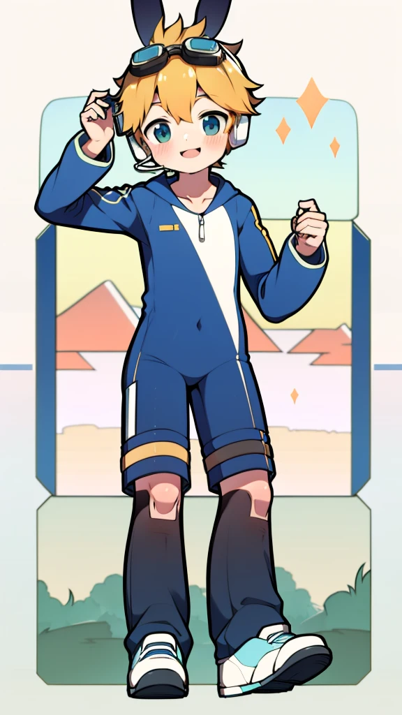 Second dimension boy teenager，One-piece mountaineering suit，Rabbit ears，Put the headphones on your head，stand up，goggles，sports shoes，Slim，Sailor collar，White knee socks，Leg ring，cute，happy，strap