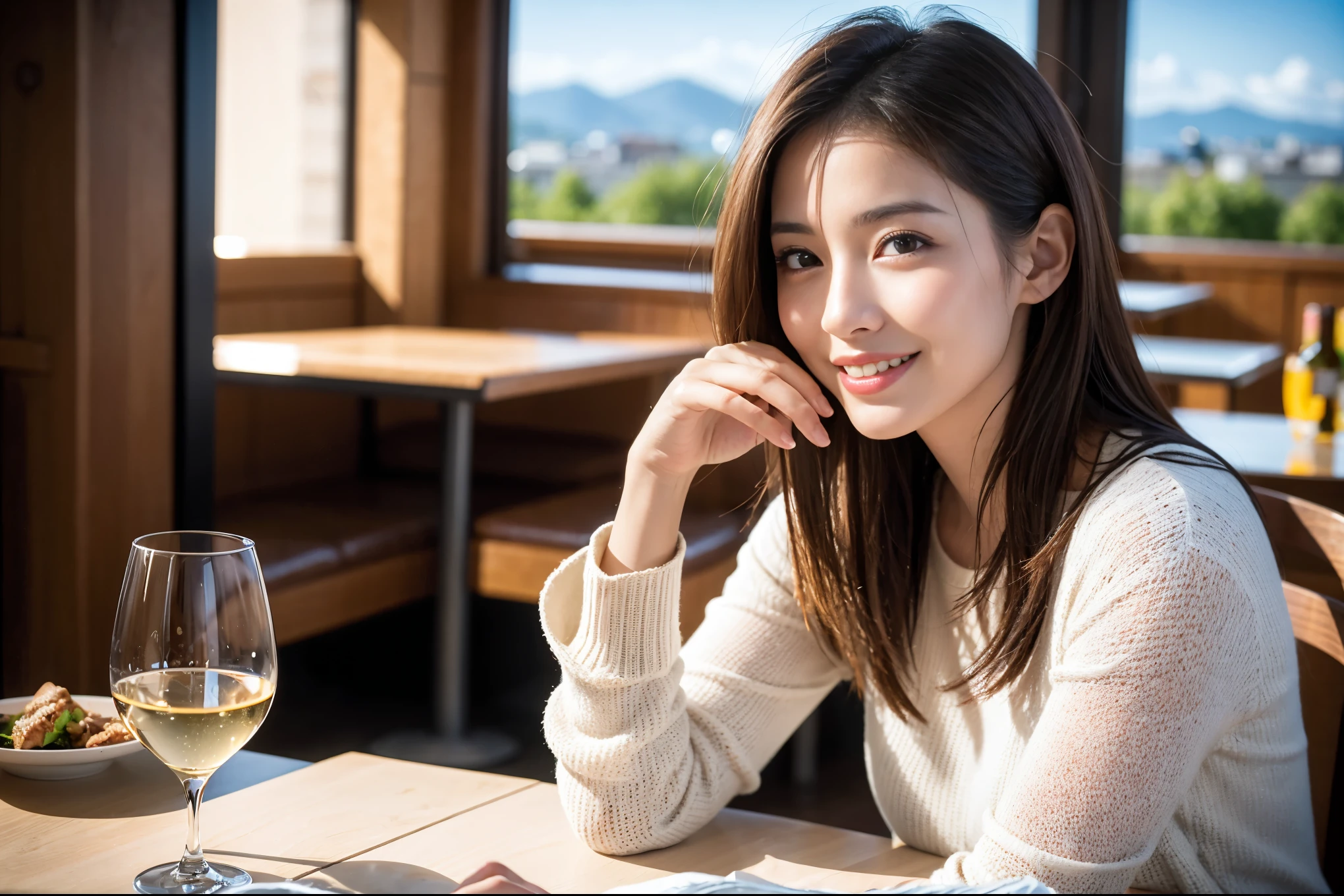 ((highest quality、8k、masterpiece:1.3))、1 male、1 female、Satomi Ishihara lookalike couple、Spouse、Couple、The body is slim、((Bob Hale、Straight hair:1.2)), (Realistic, Intricate details:1.2), Wine glass on the table、Shine light on your face、 Amazing view of the sunset sky and clouds、Amazing mountain views、A bright smile、The wonderfulness of smile、Bright image、The beauty of wine, Beautiful Face, blue eyes, The light shines on your face, Blushing, short hair,Bright Face、 (Age 37), 39 years old, red wine 、Appetizers、Italian food、Wine bottle、Champagne、sparkling wine、Two beauties、Brown Hair、Shortcuts、Long sleeve shirt、dress、Pretty Woman 1, (Slim face), (The body is slim), (Brown Hair), (Shortcuts), cheeks turn a little red,Attractive beauty、restaurant, In a prominent place (From the waist up) Nova Frog Style, actress, model, Upper Body, White wine, slim, wine glass, A wine glass placed in the center, smile, (smile: 1.15), Beautiful fine grain, Depth f/2,saturation, High Contrast, Strong light and shadow,Moist Body:1.5、3D texture、Delicate eyes、Brown Hair、The hair is very shiny、