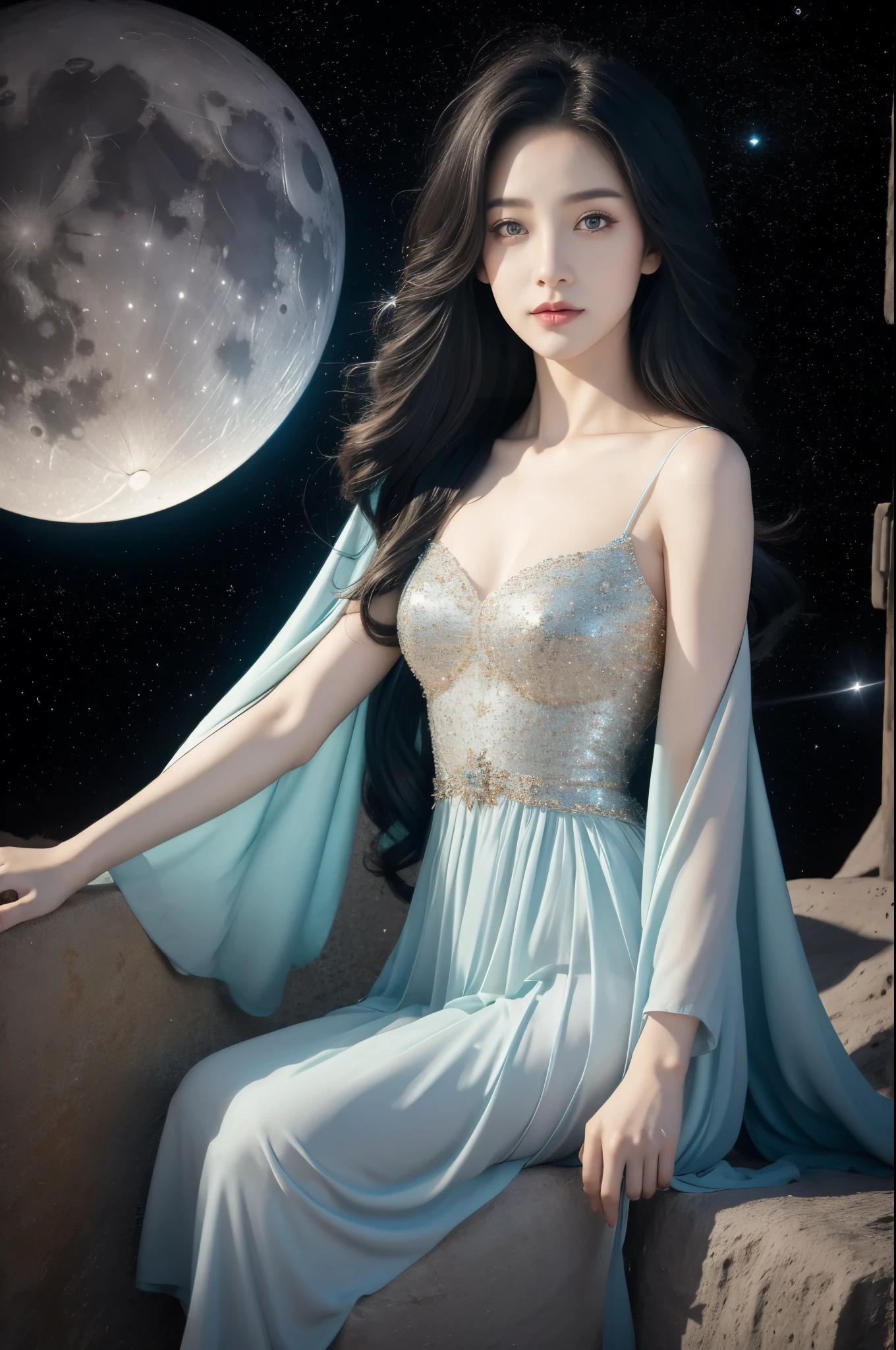 Close-up of a girl,gorgeous dress,sitting,on the moon,detailed background of the moon,Moon Goddess,Beautiful Celestial Mage,Goodness of Heaven, Celestial Fairy,very Beautiful fantasy art,8k high quality detailed art,medium straight bob hair,slim,thin,flat chest,small breasts,best quality,masterpiece,upper body,starry sky,night scene