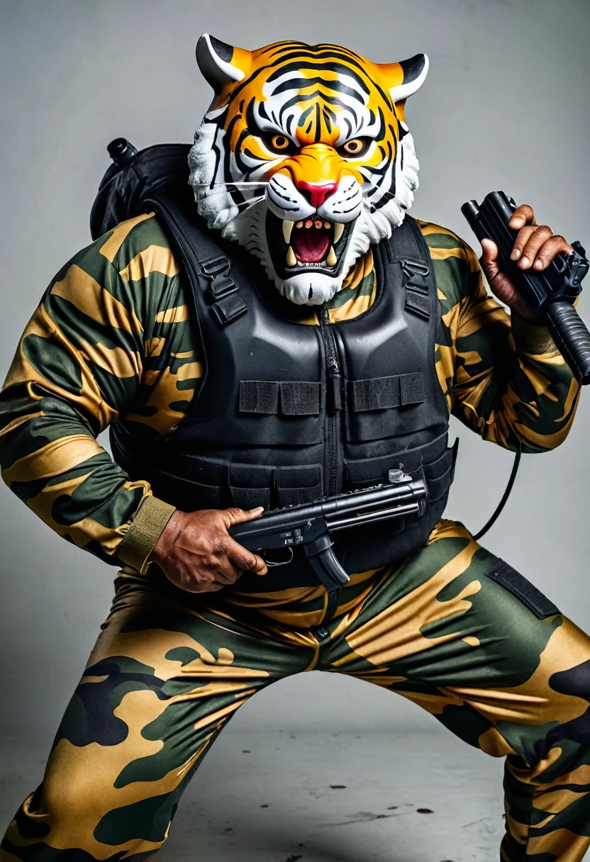 (a dark-skinned fat old man in a bulky camouflage zipper diver suit) holding a gun and (wearing roaring tiger mask that show the wearer eyes), muscular, Basuki Abdullah, sumatraism, action, a character portrait, heroic, fierce, snarling