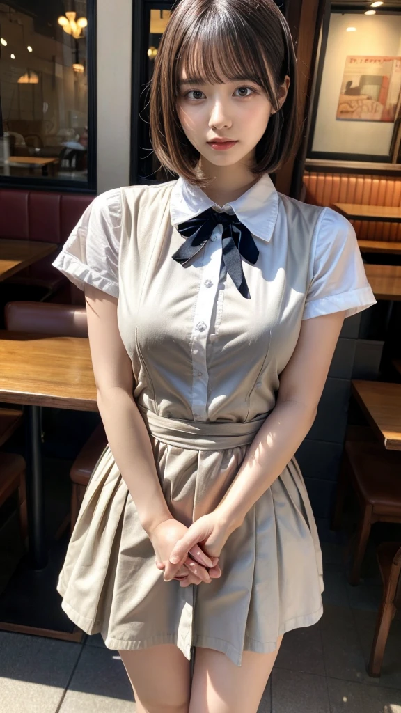 masterpiece, best quality, illustration, Super detailed, fine details, High resolution, 8K,wall paper, perfect dynamic composition,(Details High quality, realistic depiction of eyes:1.3), waitress uniform, restaurant, beautiful chest,very heavy chest, large breasts, short bob hair、black hair color, Big Natural Color Lip, perfect body shape, crying a little、cold gaze, Harajuku style、20 year old girl、cute type、ta、beautiful legs, focus on crotch, full body photo, gravure idol, (join hands with someone)