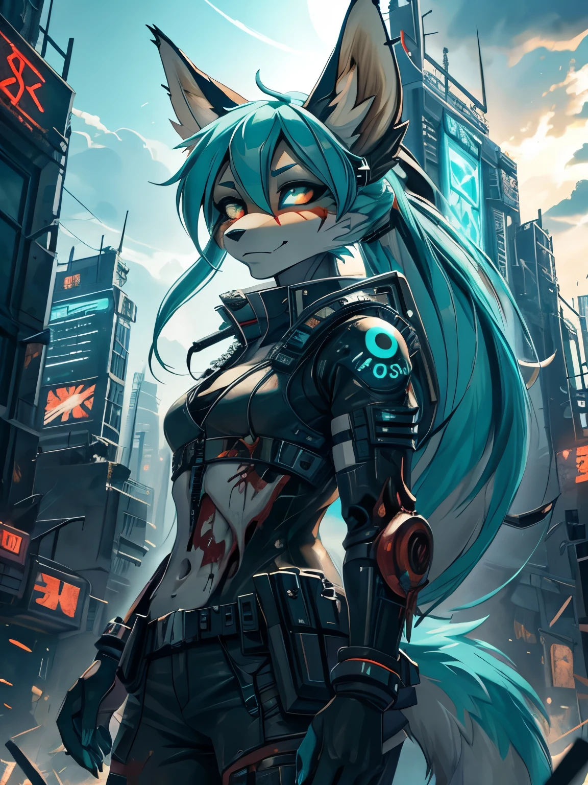 Miku Hatsune, alta definicion, orejas de kitsune, zombie, apocalipsis futuristic city