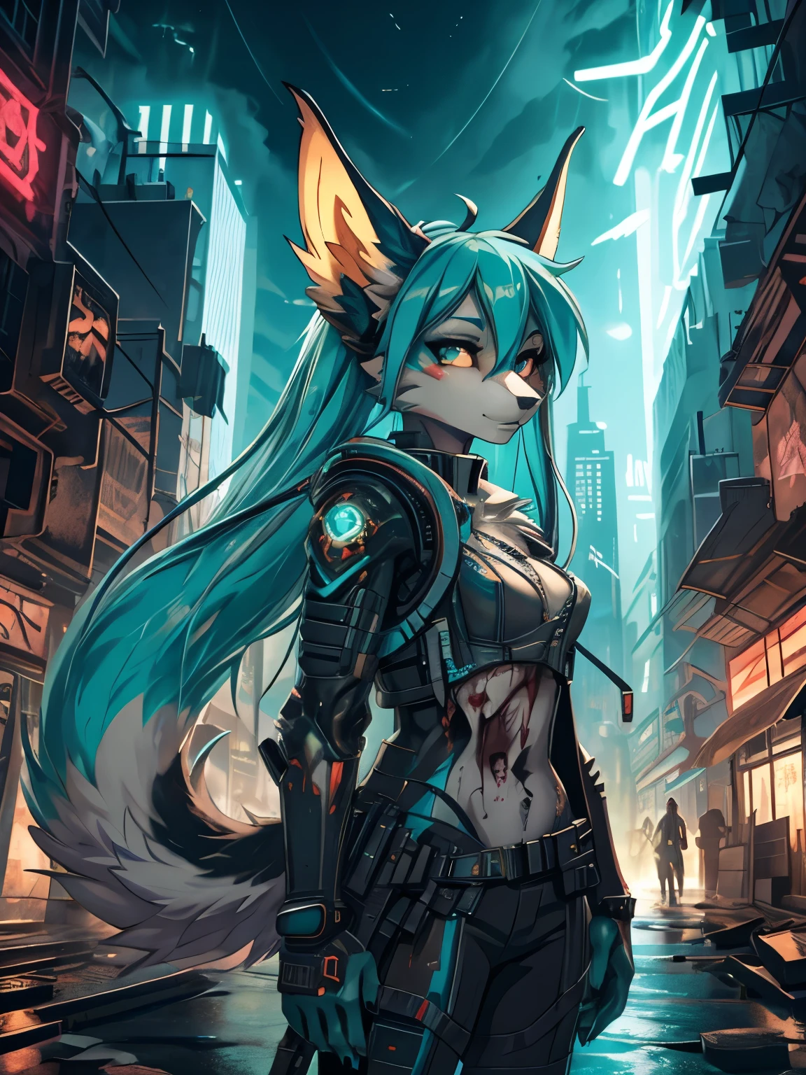 Miku Hatsune, alta definicion, orejas de kitsune, zombie, apocalipsis futuristic city