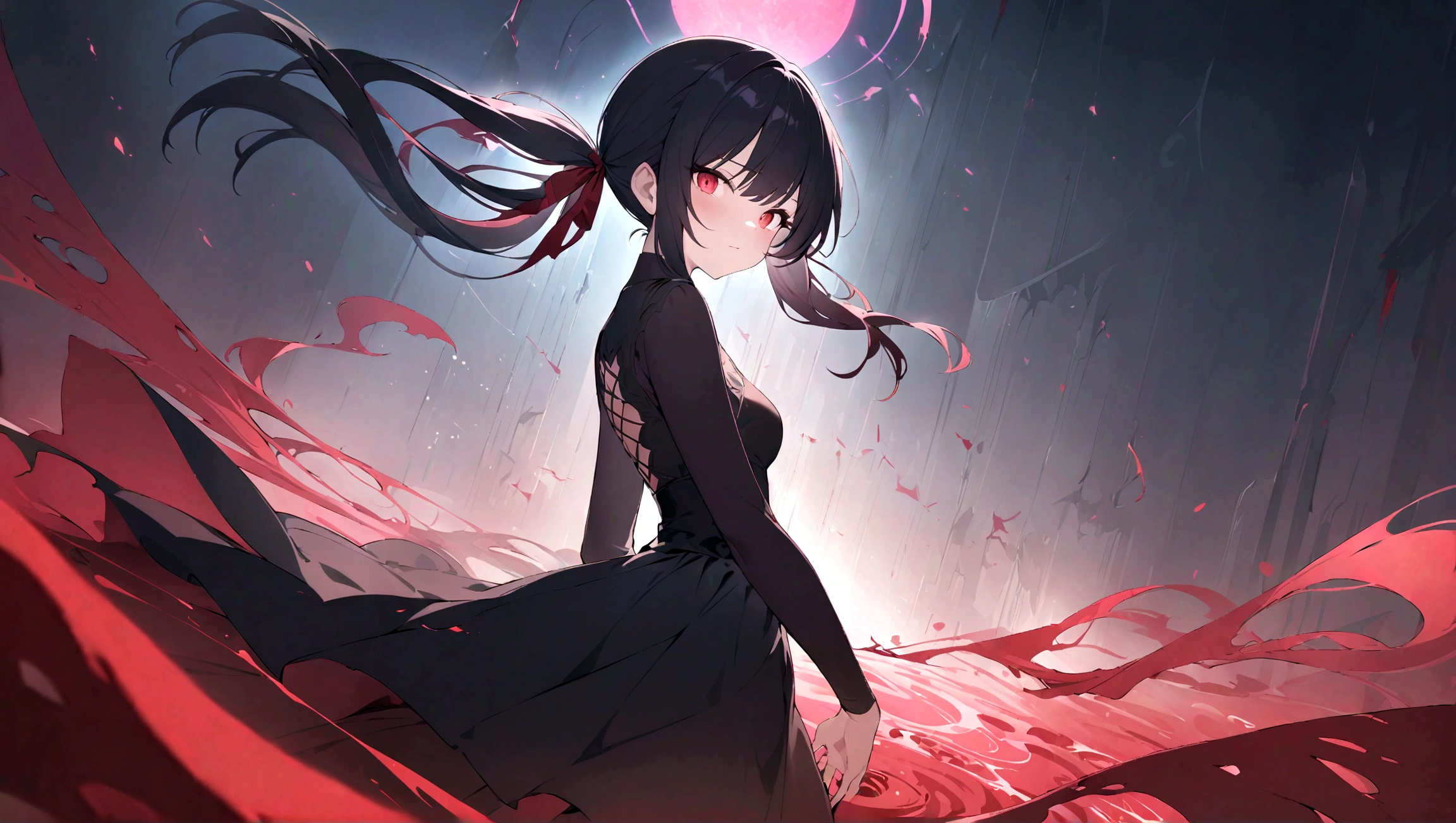 1 girl ,(big Stigmata) , ruined church, bloody rosary , (floating hair, floating skirt), ((blood sea)),from side, character focus, ((black light)),((dark lighting)), cinematic lighting ,(darkness), (concept art), ((rape face)) ,black long straight hair, black hair, pigtail hairstyles, long straight pigtails, hair ribbon , red eyes color, black dress, (glowing eyes), high resolution,(incredibly absurdres) ,extremely detailed CG unity 8k wallpaper, ((masterpiece)), ((top-quality)), (beautiful illustration), ((an extremely delicate and beautiful))
