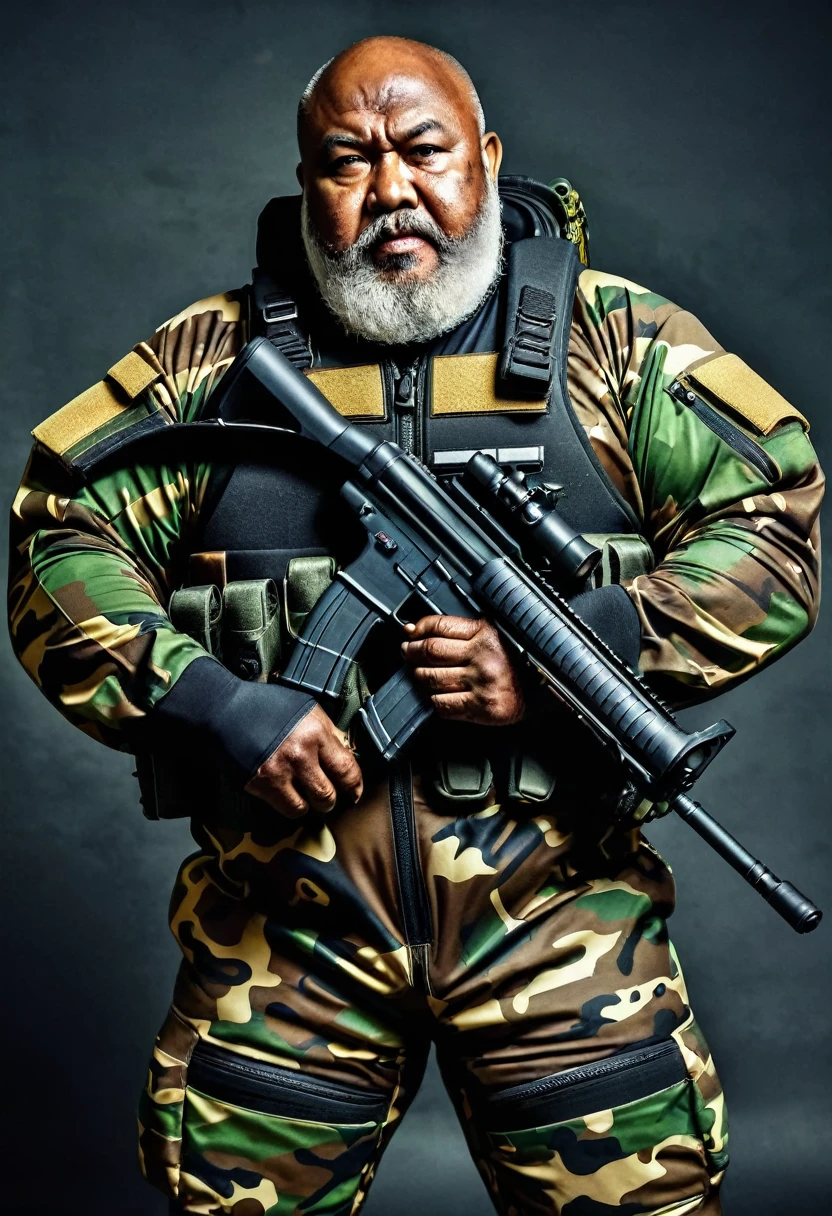 (a dark-skinned bearded fat old man in a bulky camouflage zipper diver suit) holding a gun, muscular, Basuki Abdullah, sumatraism, action, a character portrait, heroic, fierce, snarling