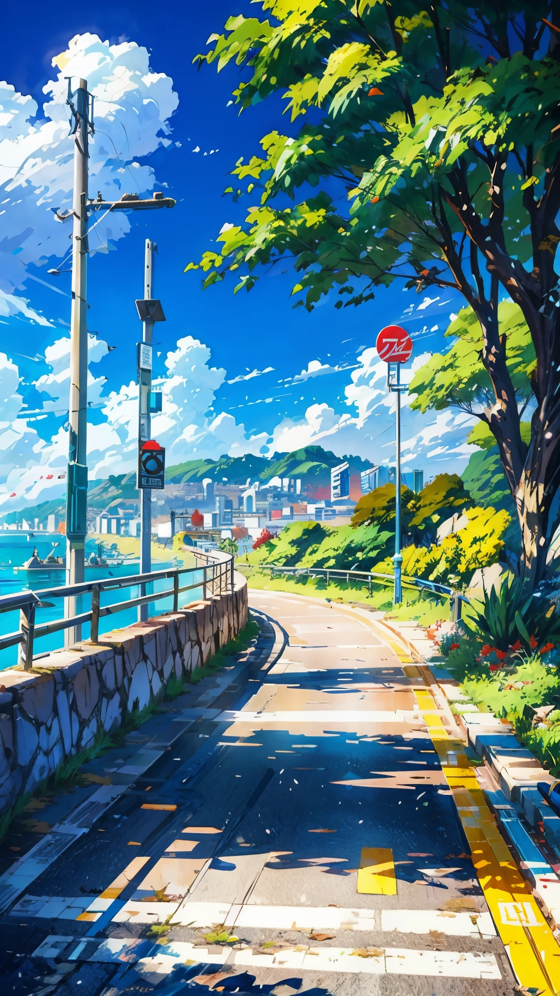a painting of a street next to a body of water, rio de janeiro in an anime film, anime. by makoto shinkai, anime landscape, by Makoto Shinkai, by makoto shinkai, anime landscape wallpaper, anime scenery, hd anime cityscape, makoto shinkai and (cain kuga), style of makoto shinkai, HD, UHD, HDR, 32 K