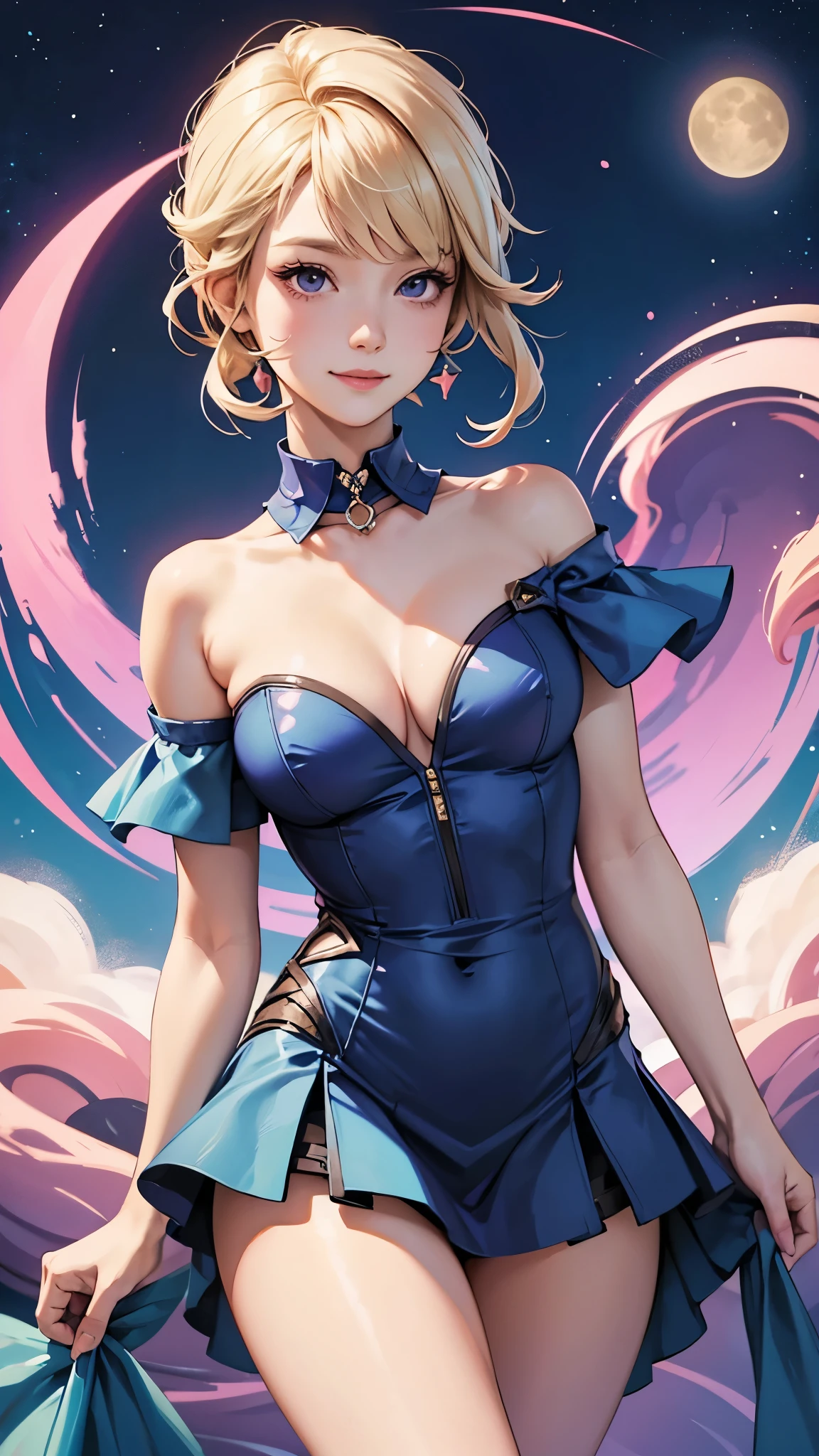 Sole female, Realistic, genshin impact, Lynette,wearing only short dress, blonde, blue dress, gentle smile, pink moon, park, shoulder, , collar bones