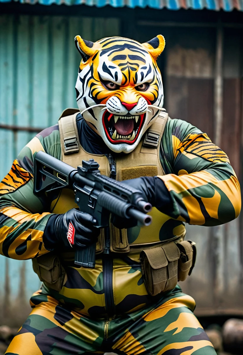 (a dark-skinned fat old man in a bulky camouflage zipper diver suit) shooting with a gun and (wearing roaring tiger mask that show the wearer eyes), muscular, Basuki Abdullah, sumatraism, action, a character portrait, heroic, fierce, snarling