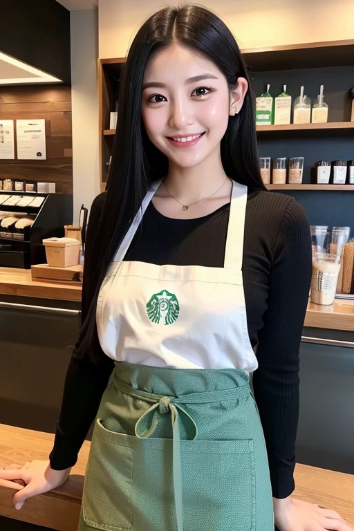 Black Hair　sleek long hair　22 years old　double　double teeth　mischievous  smile　Wise eyes big ears  refreshing　Natural Makeup　super ultra realistic、high quality、　Starbucks ribbed knit and apron　skinny pants　Mole　Starbucks Employee　　she&#39;Brewing coffee　stylish　Height 160cm three size: 92.57.79