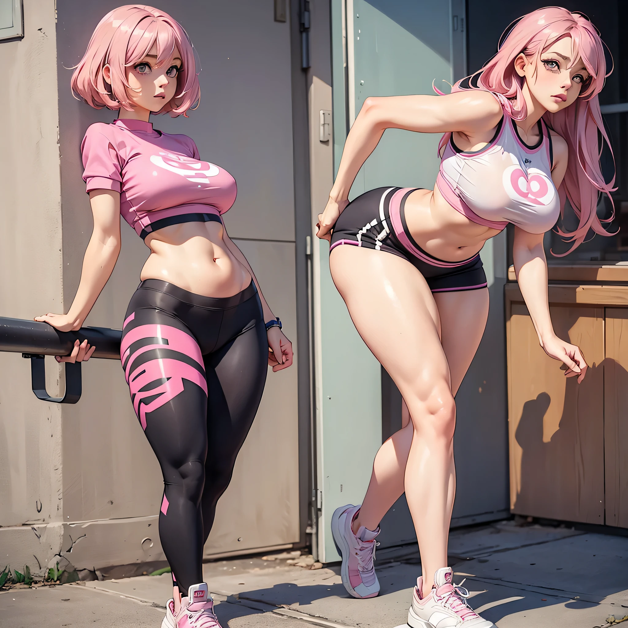 Girl，big eyes，Pink Hair，Sportswear，Big boobs，Big Ass，Tights，Showing belly，Wear shoes，Cute face，Good shape，Full body picture，Exquisite details，Standing，Exquisite eyes，Delicate hands，Character portrait，Fine hair，Masterpiece，Highest quality