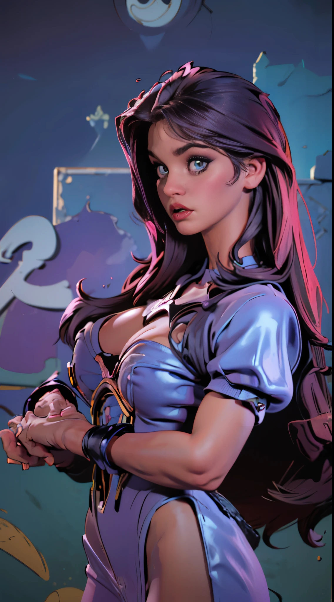 Rita Faltoyano a sexy white armor with blue circuits, cleavage, futurista cyberpunk, longas meias de renda branca(((corpo inteiro))) no painel de quadrinhos, corpo todo, bold lineart illustration comics, Cabelos preto longo, olhos azuis sedutores, parted lips, Corpo perfeito, big boobs, big booty, curved, Fitness, nsfw, ao estilo de Adam Hughes, (((obra prima))), (((adulto))) Explore retro-futuristic aesthetics, highlighting your confidence and skill. In the top of building. big city night