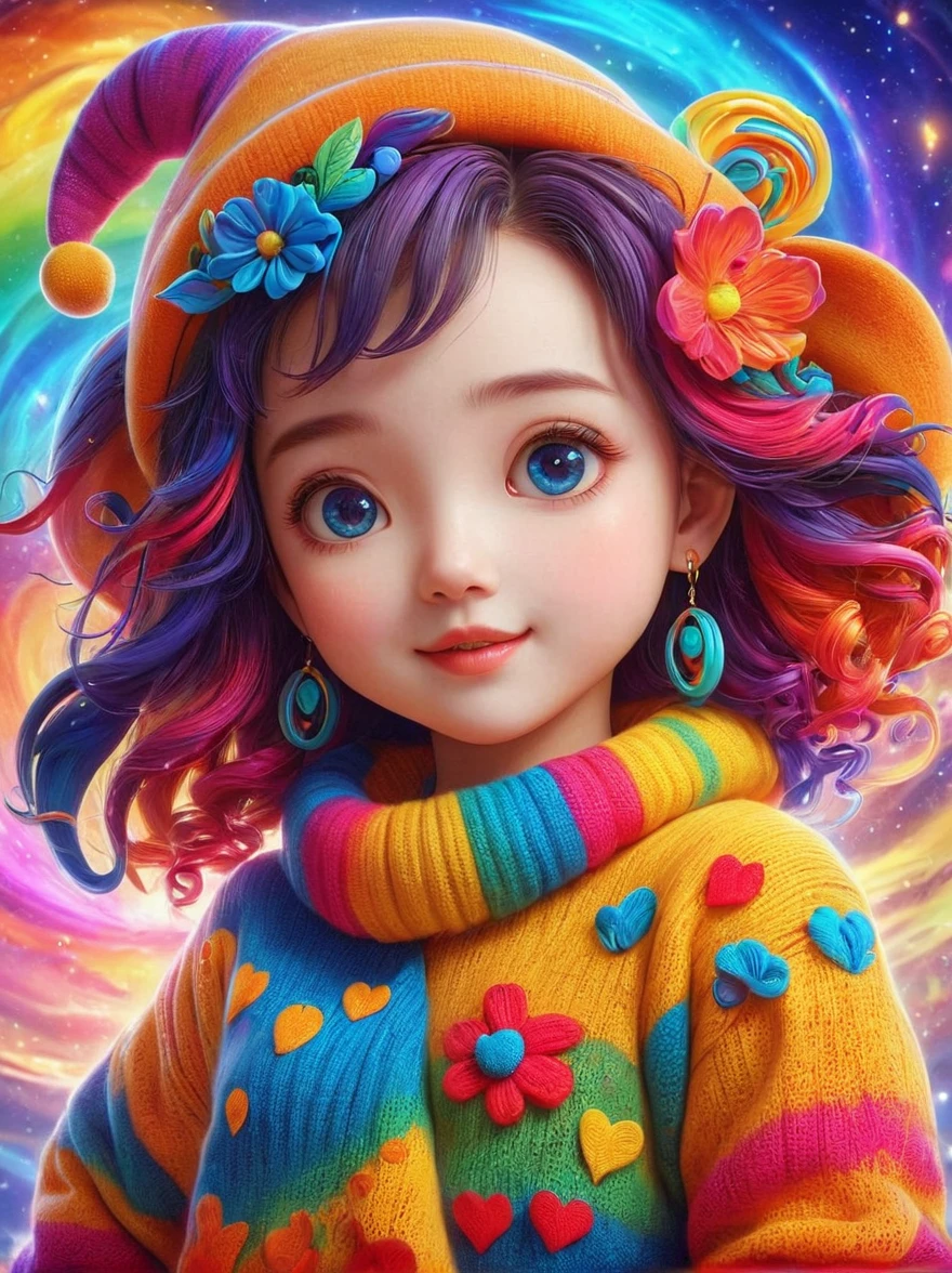 1girl, curls, Colorful sweater, solo, Colorful，Character Conception，cute，Bright colors，cute的艺术风格，cute的插图，cute的卡通，cute的人物，whole body，Color illustrations，Colorful的插图，Colors come in many colors，cute和细致的数字艺术，Color drawing，cute的卡通人物，cute的卡哇伊女孩，Beautifully detailed artwork, 1fkxc1