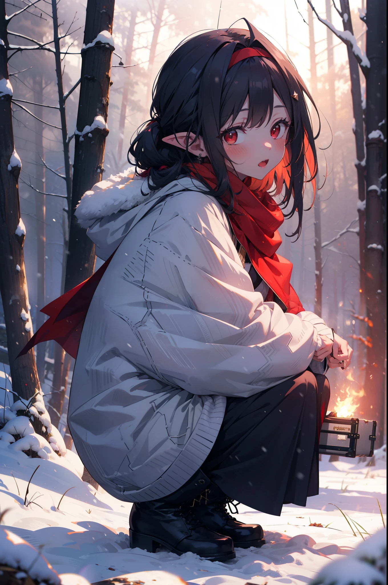 yuukikonno, Yuki Konno, hair band, Long Hair, Pointed Ears, Purple Hair, (Red eyes:1.5), (Small breasts:1.2),blush,White Breath, Open your mouth,snow, Bonfire, Outdoor, boots, snowing, From the side, 地面でBonfireをしている,wood, suitcase, Cape, Blurred, forest,  nature, Brown eyes, , Squat, Mouth closed, ,Cape, winter, Written boundary depth, Black shoes, red Cape
break looking at viewer, Upper Body, whole body,
break Outdoor, forest, nature,
break (masterpiece:1.2), highest quality, High resolution, unity 8k wallpaper, (shape:0.8), (Beautiful and beautiful eyes:1.6), Highly detailed face, Perfect lighting, Extremely detailed CG, (Perfect hands, Perfect Anatomy),