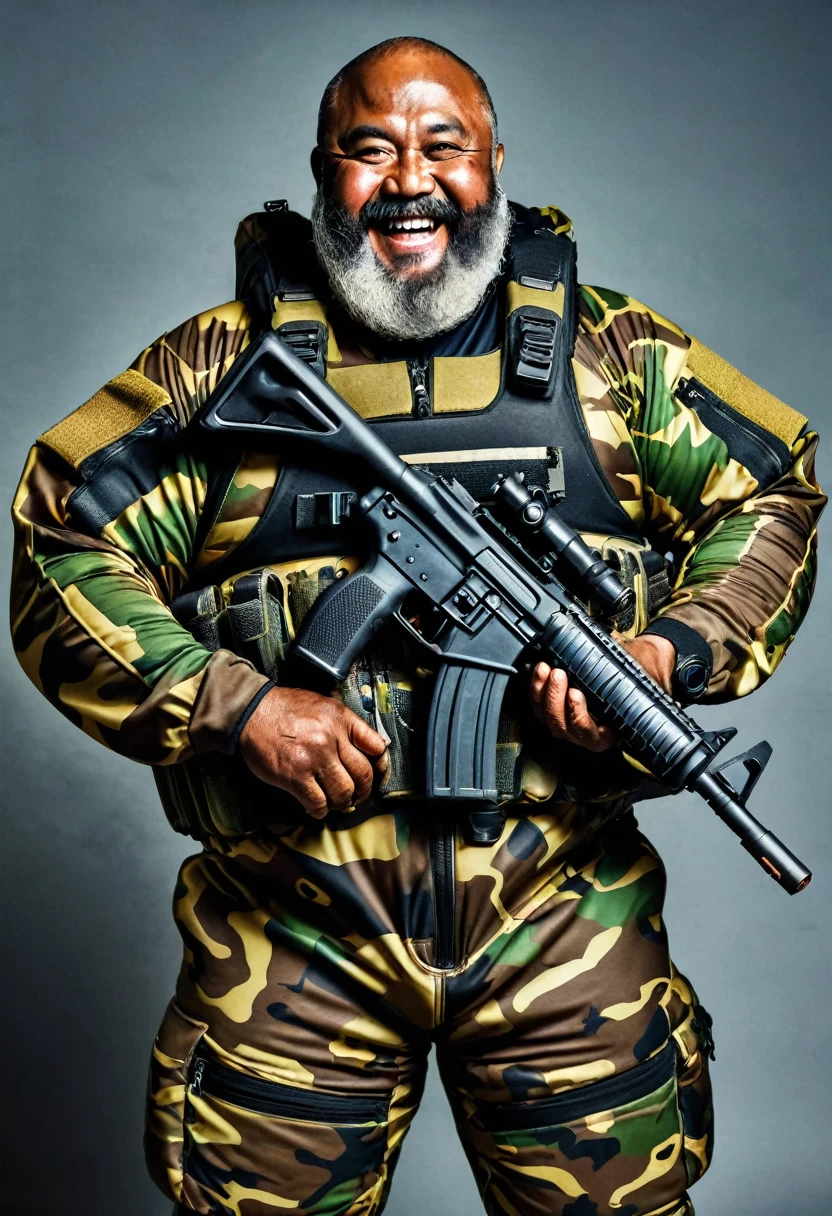 (a dark-skinned bearded fat old man in a bulky camouflage zipper diver suit) holding a gun, muscular, Basuki Abdullah, sumatraism, action, a character portrait, heroic, fierce, grin