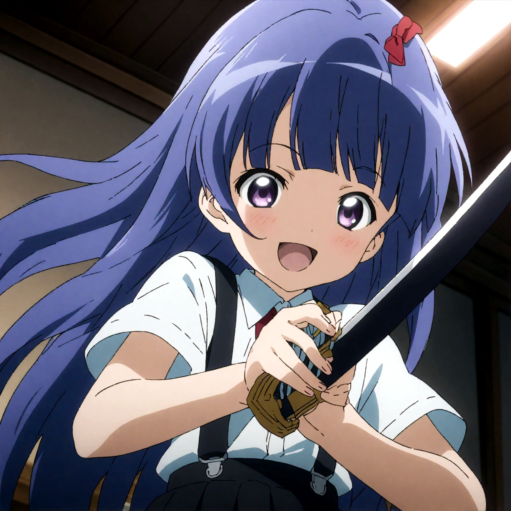 score_9,score_8, score_8_up, BREAK ,1girl, solo, furude rika, (tween), kawaii, blue hair, purple eyes, long hair, blunt bangs, bangs,, bow, skirt, shirt, suspenders, smile, short sleeves, pleated skirt, white shirt, open mouth, :d, red bow, ,^_^, suspender skirt, , black skirt, collared shirt, blush, bowtie, blunt bangs, dress shirt,masterpiece, best quality, source_anime,ceiling, ceiling light, great lighting, detailed shadows, detailed body, anime artwork,anime style, key visual, vibrant, studio anime, highly detailed, anime coloring,,fullbody,,weapon, katana, holding sword, ready to draw, sheathed, unsheathing, scabbard,close-up,,simple background, white background.