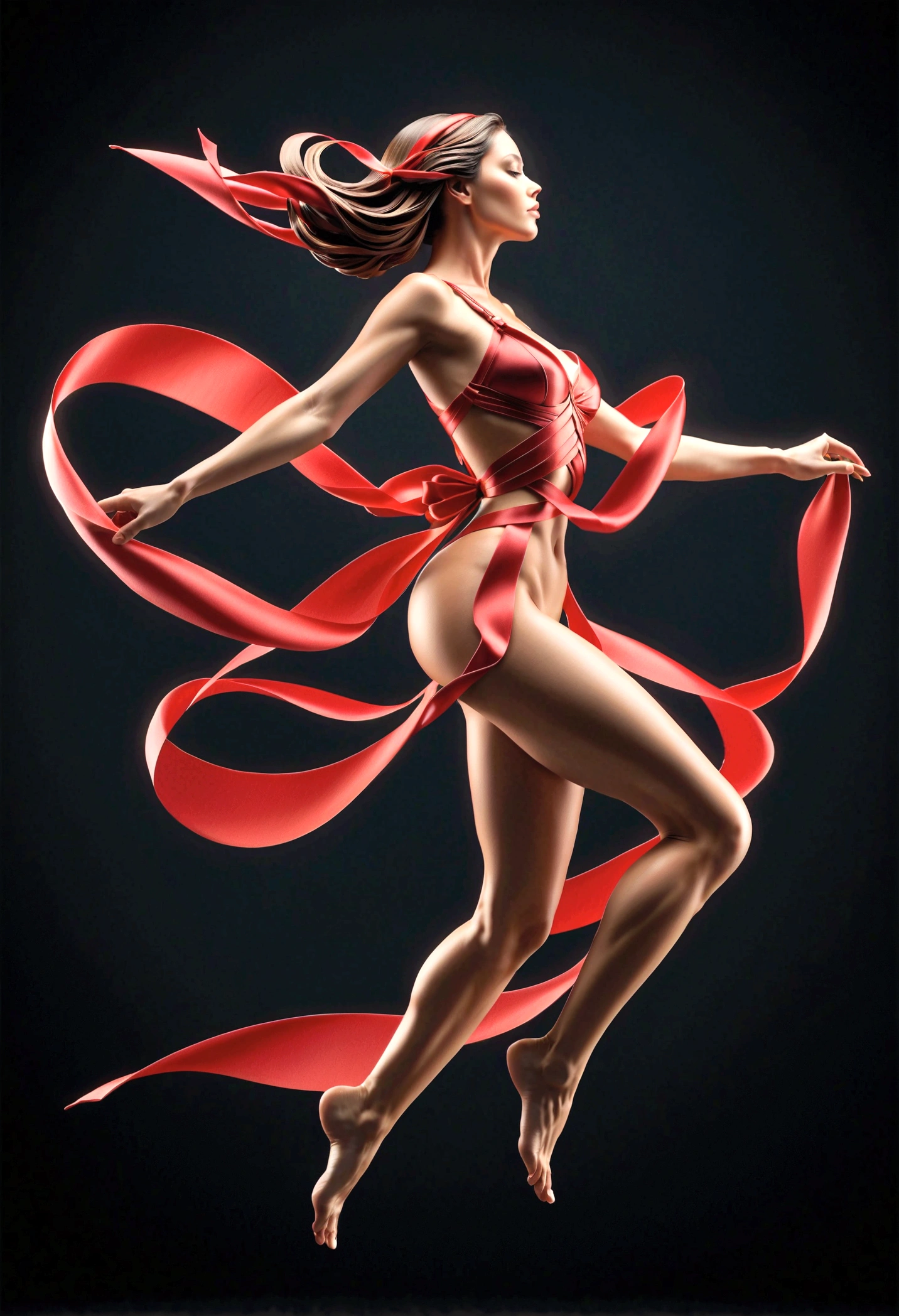 Flying female figure made of ribbon 3/4 Perspective