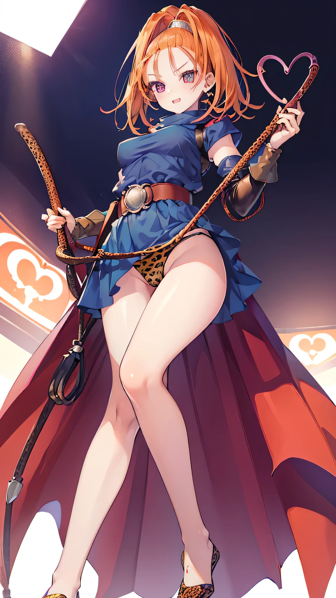 Crotch focus, High resolution、One Girl、Low length、thin、With a whip、Navy blue short robe、belt、(Leopard print panties)、DQ6 Barbara、High Ponytail、(((Beautiful white skin)))、Orange Hair、Thighs、Angle from below、Captivating smile, (Footjob)、Heart symbol、Kadavu_DQ6