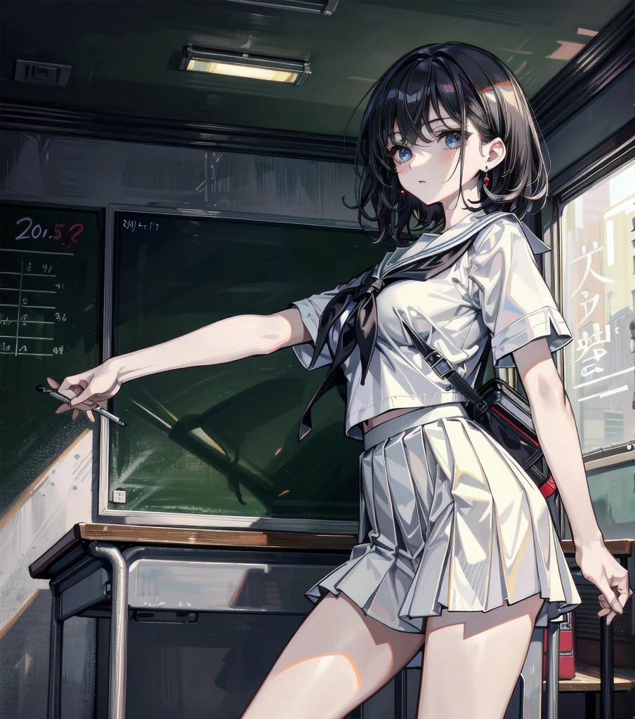 full body, earring, medium hair, medium tits, tearful mole, school_uniform, sailor uniform, sleeveless, school, classroom,