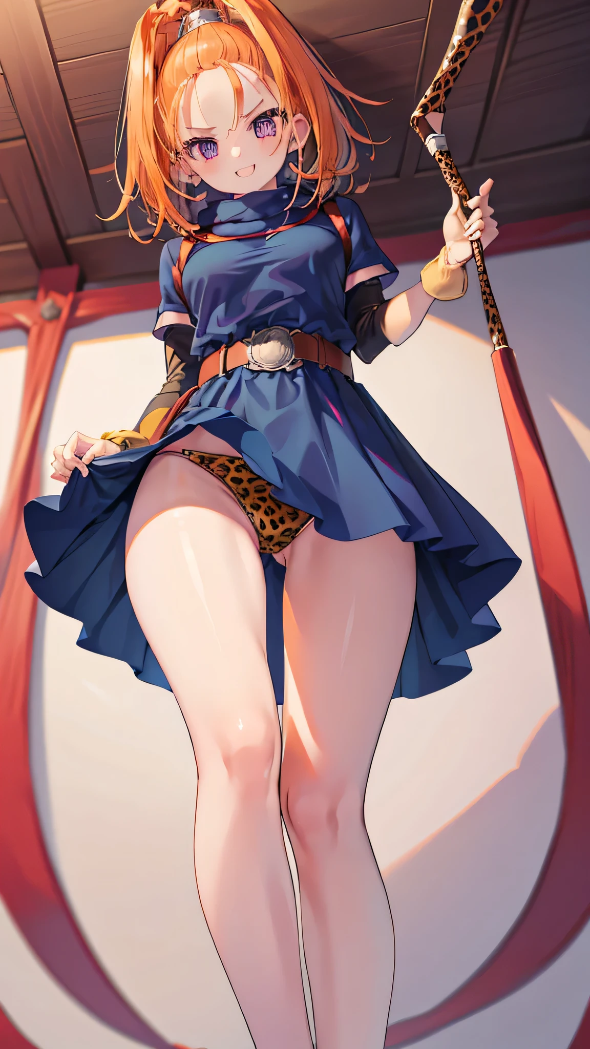 Crotch focus, High resolution、One Girl、Low length、thin、With a whip、Navy blue short robe、belt、(Leopard print panties)、DQ6 Barbara、High Ponytail、(((Beautiful white skin)))、Orange Hair、Thighs、Angle from below、Captivating smile, (Footjob)、Heart symbol、Kadavu_DQ6