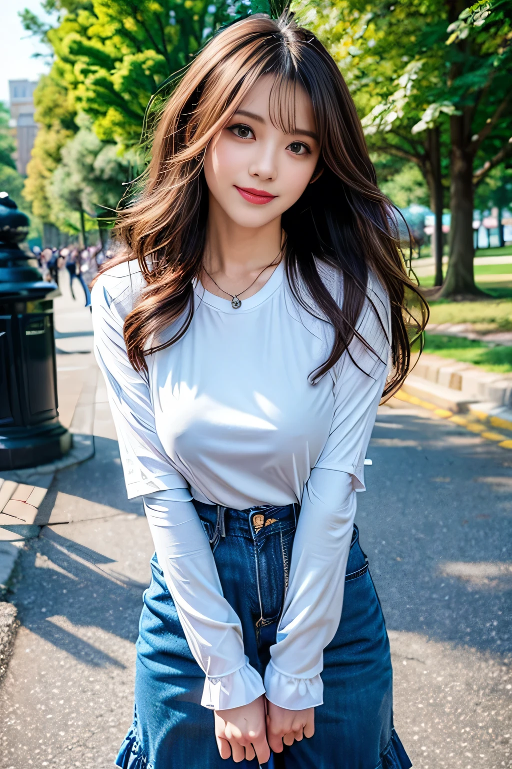 ((Full Body Angle))、((Front hair:1.3))、((highest quality, 8K, masterpiece: 1.3)), concentrated: 1.2, Cute girl 1,Nipples erect、 Perfect beauty: 1.4,Cut and sewn T-shirt Raglan sleeve summer short sleeve T-shirt.Shorts: 1.2,Long sleeve、Randall Color、comics&Text Graphics、Black ruffle-trimmed drawstring zip blouse,1.1, Highly detailed face and skin textures, Fine grain, double eyelid, whitening skin, ,highest quality,Ultra-high resolution,you,1 girl,alone,_Shiny_skin,Iris,necklace,((Brown_length_Wavy_hair)),(lips)),eyelash,Front hair,deal with,compensate,Shiny,pore,skin texture,Large Breasts、smiling face、Walking in the park、Jump、