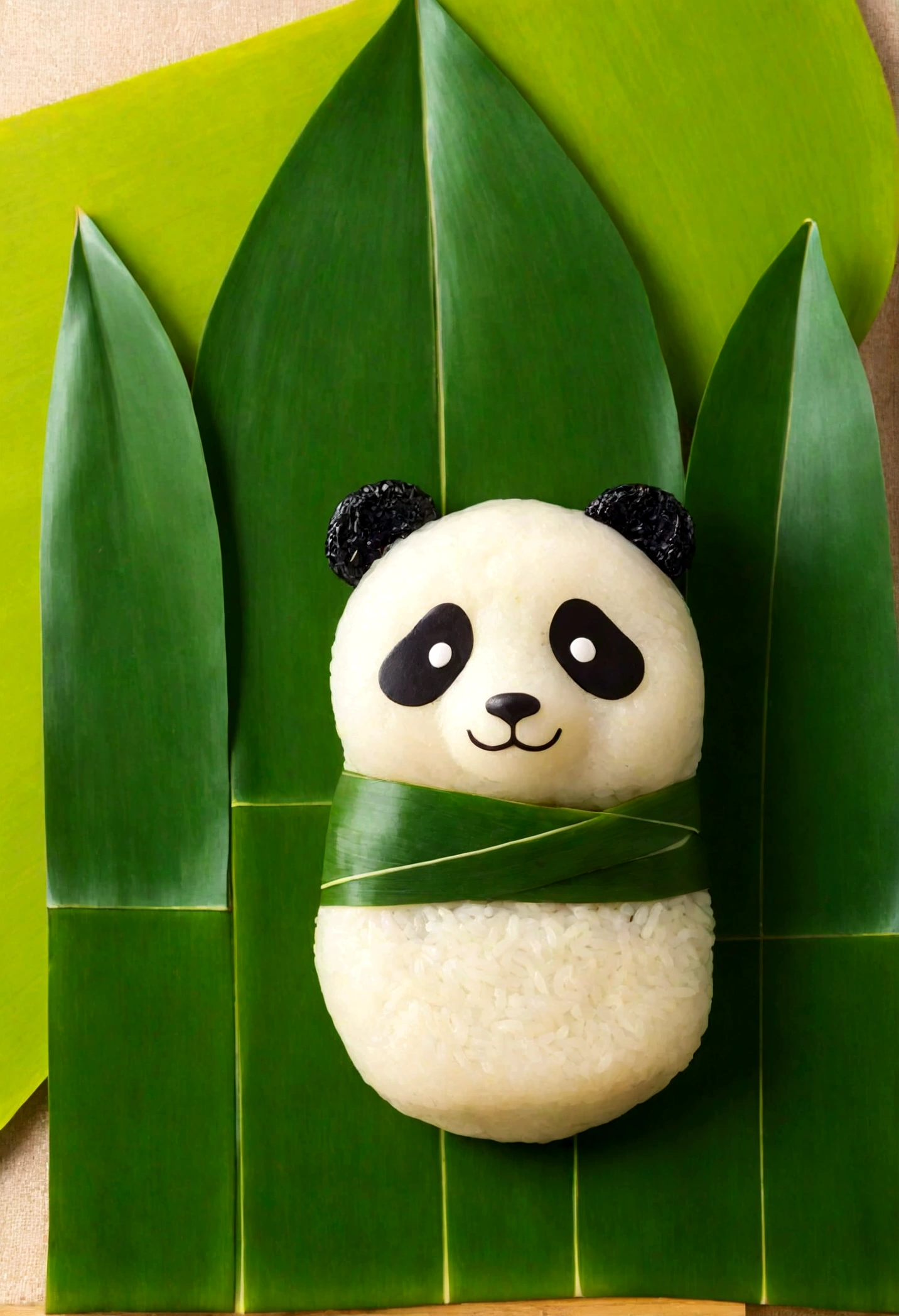 A panda-shaped rice dumpling，Made of glutinous rice，Cute expression，The lower body is wrapped in zong leaves，Head sticking out of the bamboo leaves，Equally spaced，Cartoon Style，Macro lens，Studio light，Bold color scheme