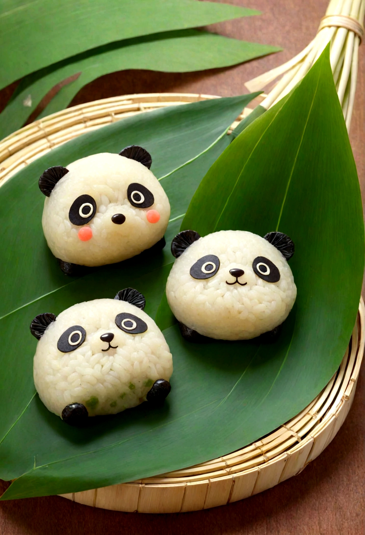 A panda-shaped rice dumpling，Made of glutinous rice，Cute expression，The lower body is wrapped in zong leaves，Head sticking out of the bamboo leaves，Equally spaced，Cartoon Style，Macro lens，Studio light，Bold color scheme