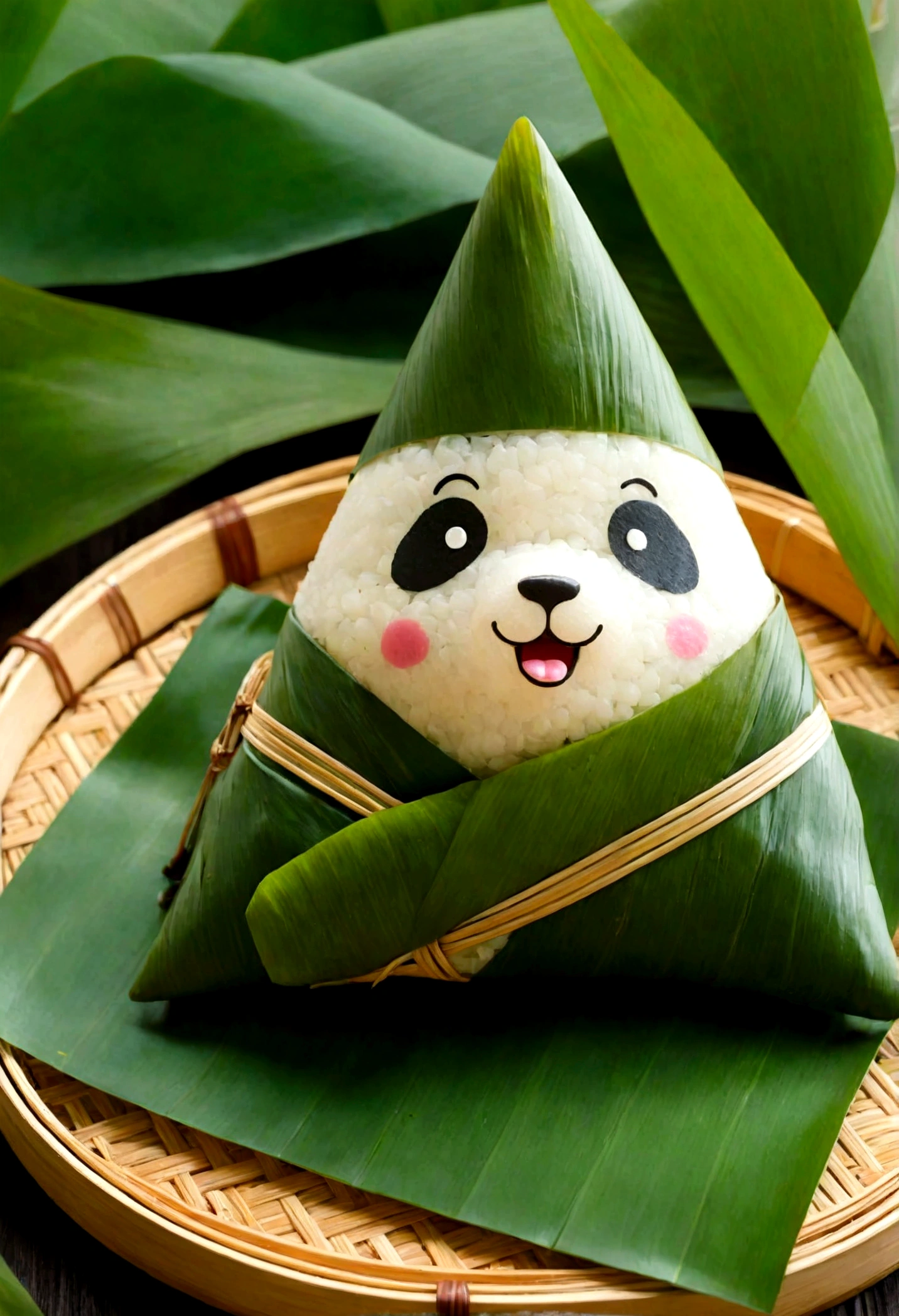 A panda-shaped triangle zongzi，Made of glutinous rice，Cute expression，The lower body is wrapped in zong leaves，Head sticking out of the bamboo leaves，Equally spaced，Cartoon Style，Macro lens，Studio light，Bold color scheme