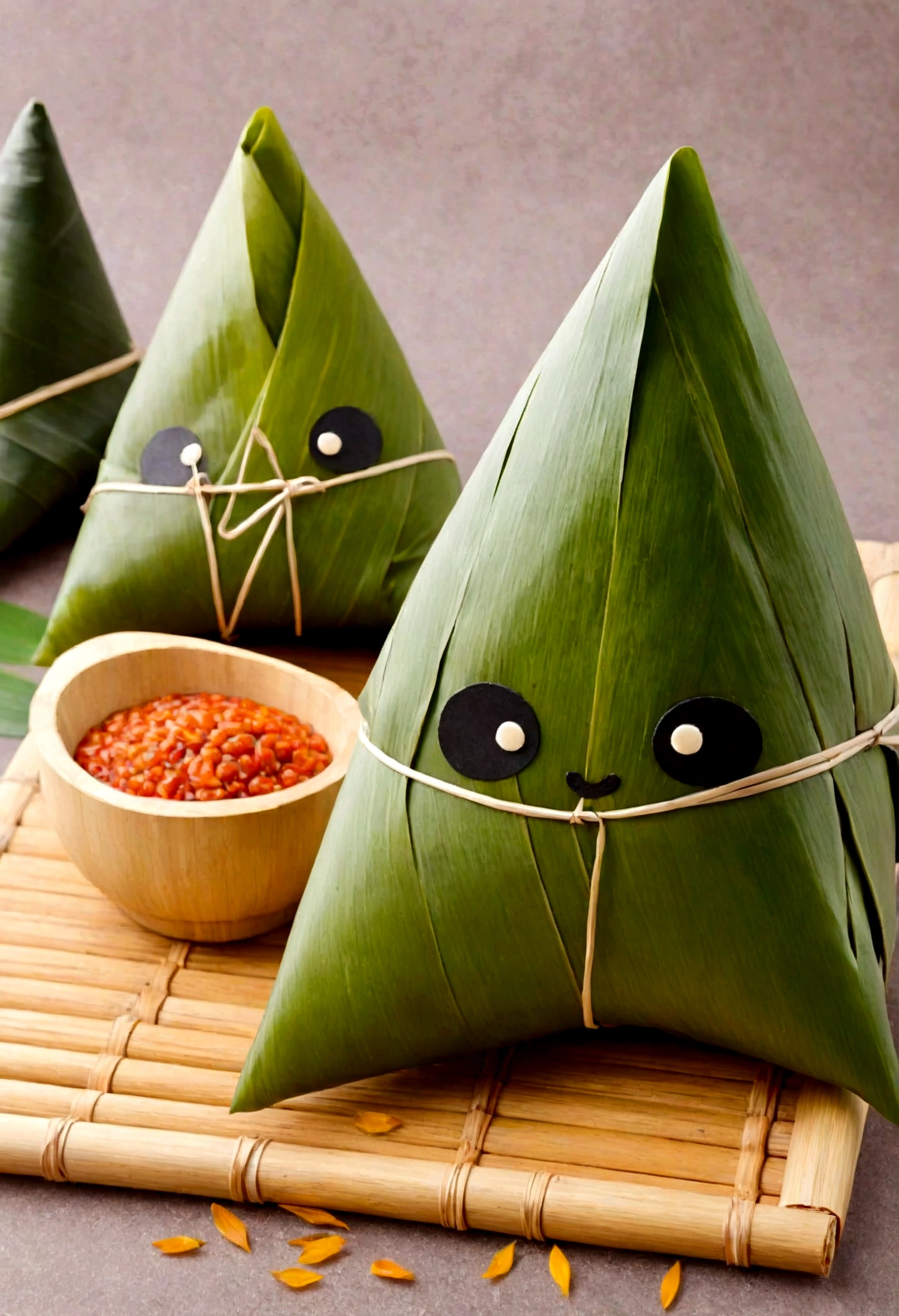 A panda-shaped triangle zongzi，Made of glutinous rice，Cute expression，The lower body is wrapped in zong leaves，Head sticking out of the bamboo leaves，Equally spaced，Cartoon Style，Macro lens，Studio light，Bold color scheme