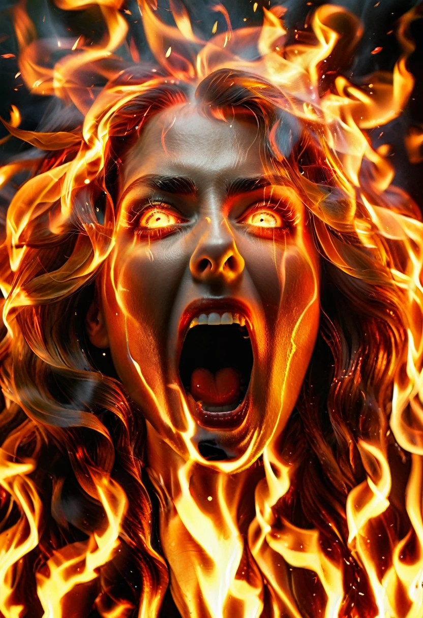 Sublime screaming woman dressed in flames down to her feet, cheveux très longs couleur de feu, elle marche vers moi, very detailed intense eyes, highly detailed hair, highly detailed flames, angry eyes ((best quality, extremely detailed:1.8, hyperRéaliste:1.5, photorealistic:1.5, Prise de vue en direct, photo corps entier, ventre visible, jambe visible ))