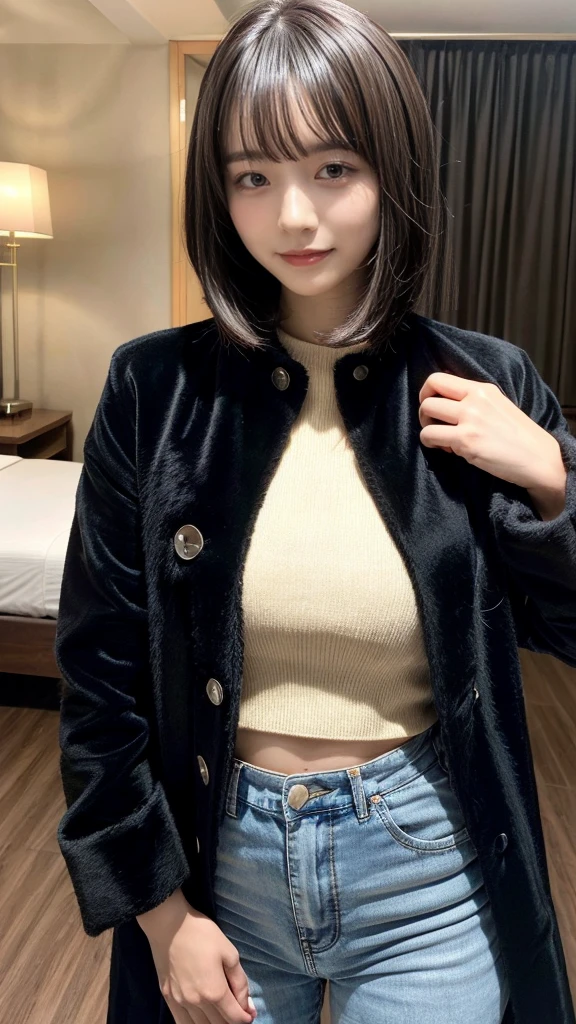 With bangs,Beautiful black hair,Woman with straight medium bob cut,,,21-year-old female,(((No hat))),Aspacarina,((Shy expression)),huge breasts,,Very beautiful eyes, ,(((Wearing a tattered black coat))),white sweater,(make:1.4),Big eyes,Hip Hop Dancer,Gangster style long pants,8k,High resolution,Gangster style,(head shot:1.5), hotel room