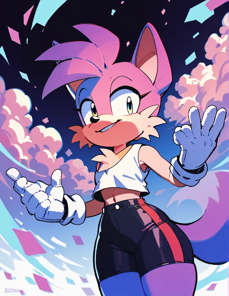score_9, score_8_up, score_7_up, score_6_up, masterpiece, best quality, Tails the fox, wearing white gloves, wearing black shorts, has thick thighs, in a background of floating numbers and codes, in a cyberspace, sonic the hedgehog \(series\), 