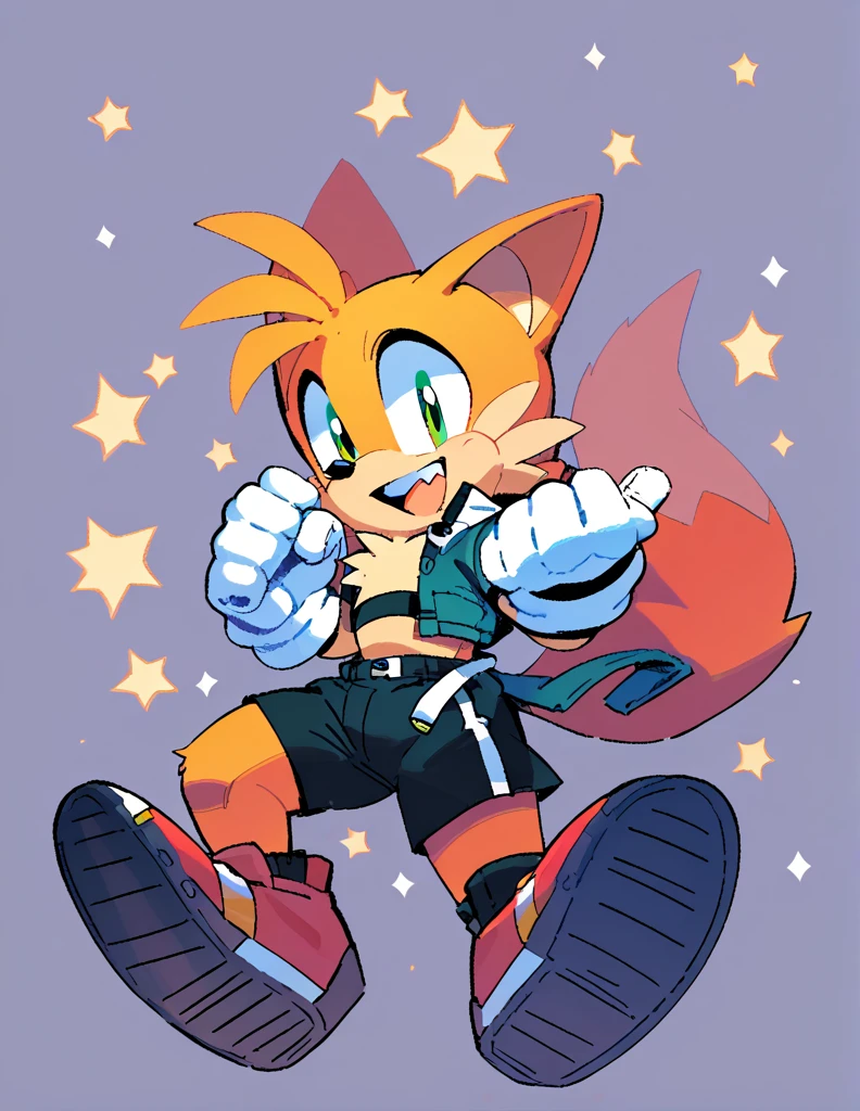 score_9, score_8_up, score_7_up, score_6_up, masterpiece, best quality, Tails the fox, wearing white gloves, wearing black shorts, has thick thighs, in a background of floating numbers and codes, in a cyberspace, sonic the hedgehog \(series\), 