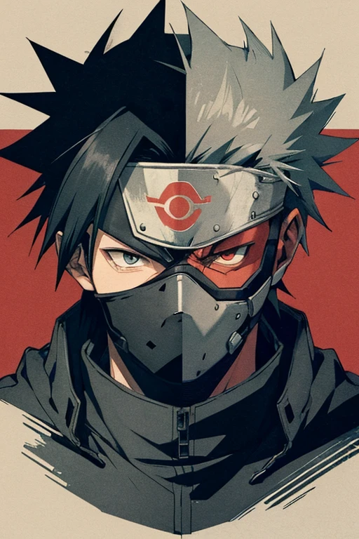 ((best quality)), ((masterpiece)), gamer logo ,useing Kakashi Hatake and robot male face in dark and brutal.,use only black,red,wight. In name (marcus) logo