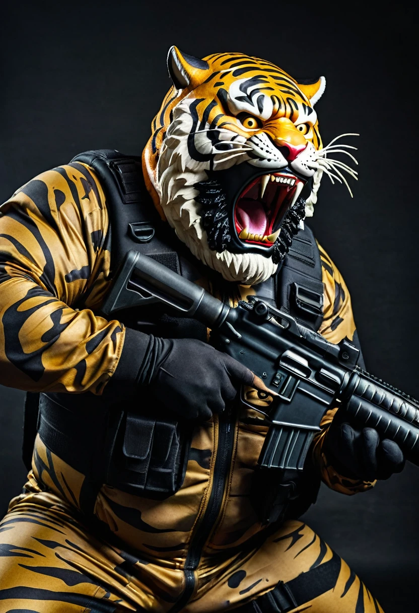 (a dark-skinned bearded fat old man in a bulky camouflage zipper diver suit) shooting with a gun and (wearing roaring tiger mask that show the wearer eyes), muscular, Basuki Abdullah, sumatraism, action, a character portrait, heroic, fierce, snarling