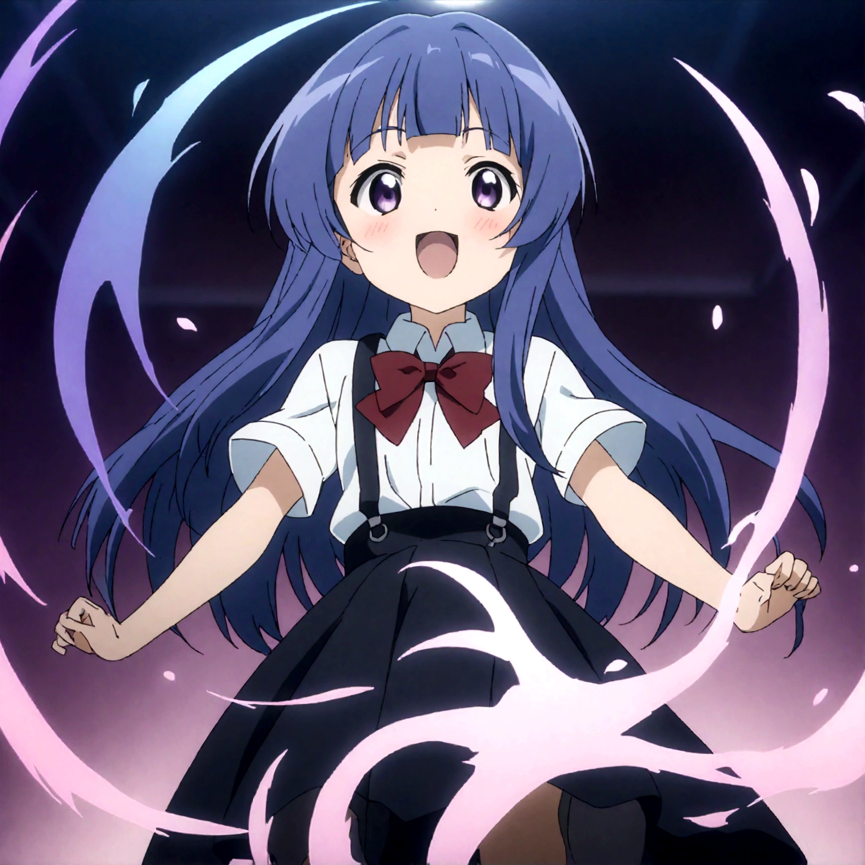 score_9,score_8, score_8_up, BREAK  ,1girl, solo, furude rika, (tween), kawaii, blue hair, purple eyes, long hair, blunt bangs, bangs,, bow, skirt, shirt, suspenders, smile, short sleeves, pleated skirt, white shirt, open mouth, :d, red bow, ,^_^, suspender skirt, , black skirt, collared shirt, blush, bowtie, blunt bangs, dress shirt,masterpiece, best quality, source_anime,ceiling, ceiling light, great lighting, detailed shadows, detailed body, anime artwork,anime style, key visual, vibrant, studio anime, highly detailed, anime coloring,,fullbody,paw pose,,close-up,,simple background, white background.