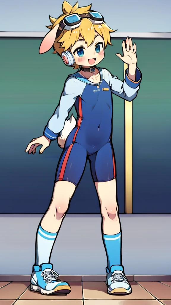 Second dimension boy teenager,One-piece mountaineering suit,Rabbit ears,Put the headphones on your head,stand up,goggles,sports shoes,Slim,Sailor collar,White knee socks,Leg ring,cute,happy