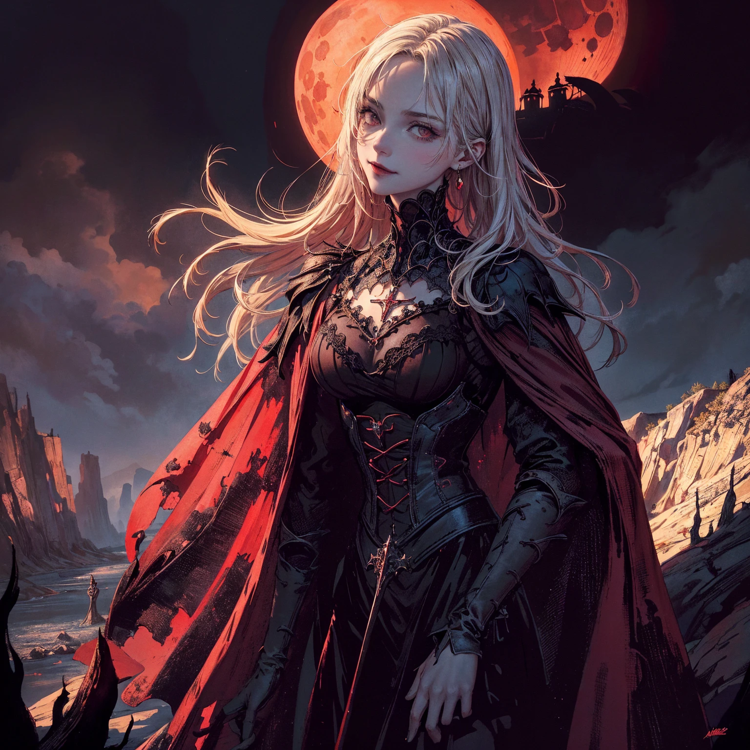 best quality, 4k, High resolution, masterpiece:1.2, Extremely detailed, Practical:1.37, Mood lighting, girl, Dangerous smile, Face to the left, Crucified, Pitch black sky, Red Moonlight, Weird atmosphere, Gothic style, Unforgettable beauty, Dramatic shadows, Ethereal Light, Mysterious atmosphere.