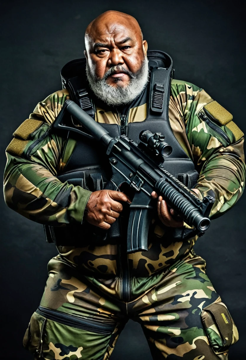 (a dark-skinned bearded fat old man in a bulky camouflage zipper diver suit) shooting with a gun, muscular, Basuki Abdullah, sumatraism, action, a character portrait, heroic, fierce, snarling