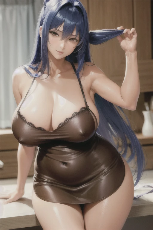 brown lingerie,lingerie,suit 1, skirt rolled up sleeves,collarbone, apron, neckline,Appearance mature woman,huge breasts,(horse tail,Blue hair),(big breasts,long hair, mother)