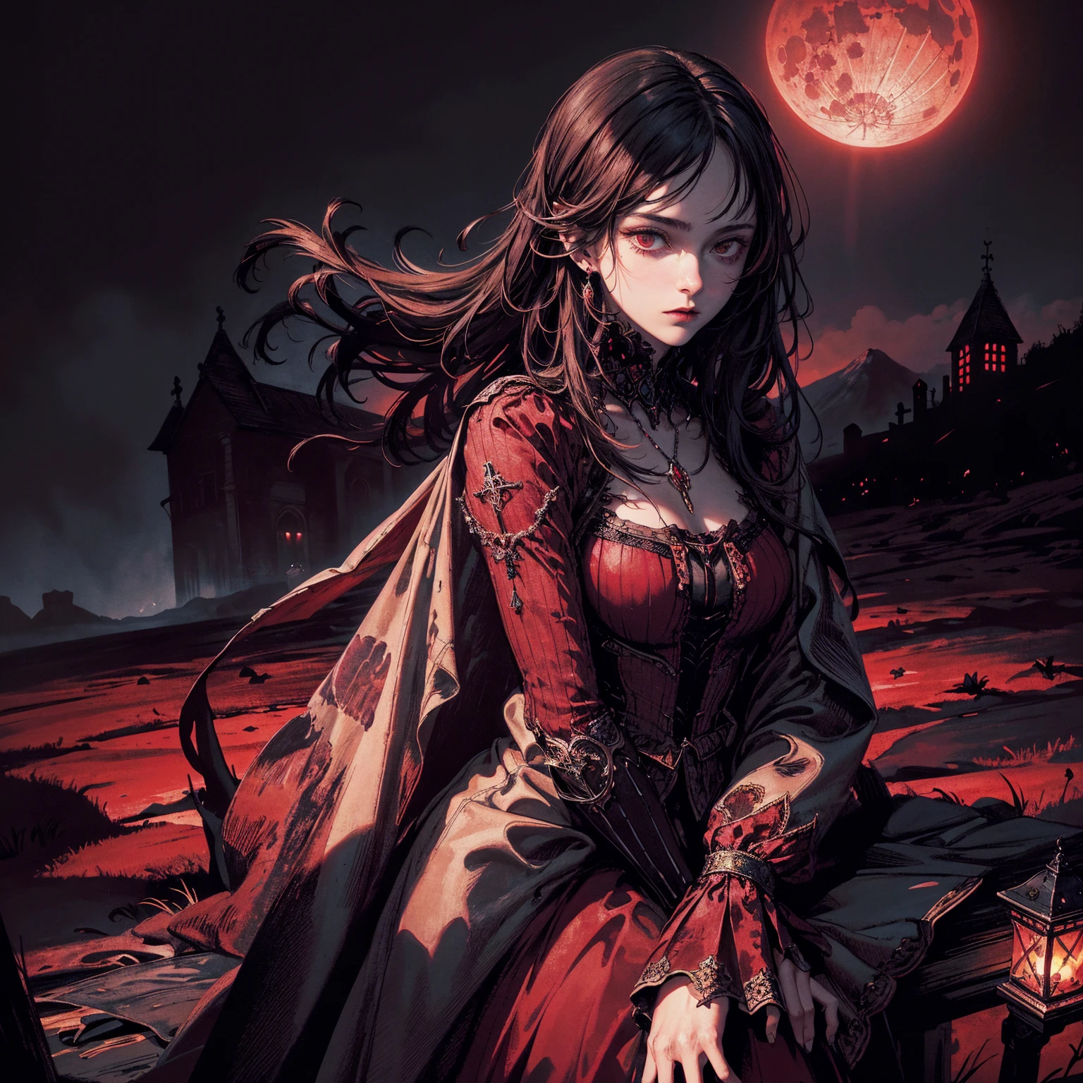 best quality, 4k, High resolution, masterpiece:1.2, Extremely detailed, Practical:1.37, Mood lighting, girl, Face to the left, Crucified, Pitch black sky, Red Moonlight, Weird atmosphere, Gothic style, Unforgettable beauty, Dramatic shadows, Ethereal Light, Mysterious atmosphere.