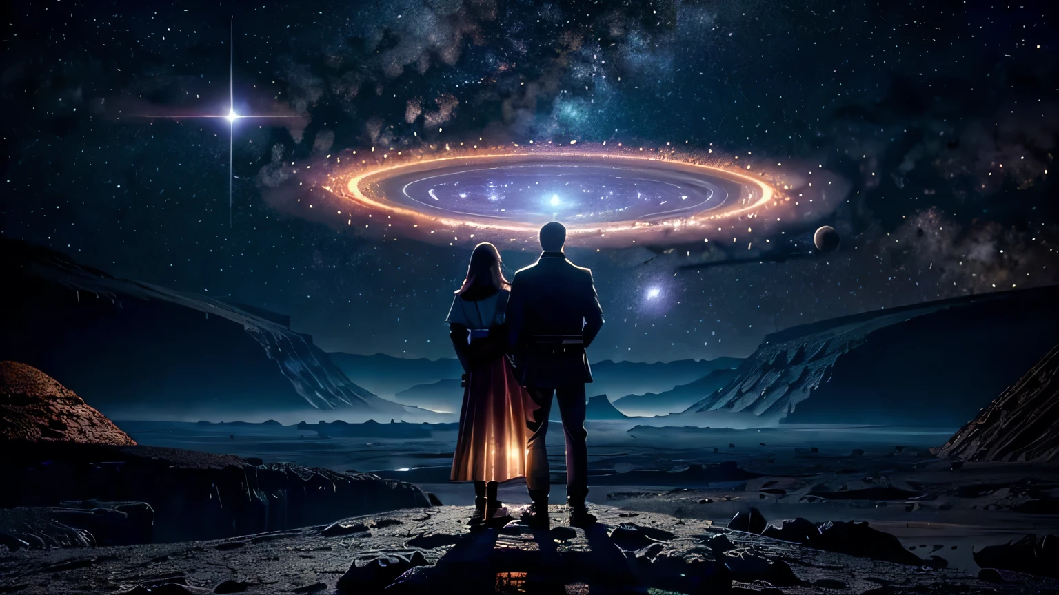 Draw a man and a woman embracing, Standing on a research platform floating in the middle of an asteroid belt, vire as costas para os espectadores, from behind, surrounded by several bright asteroids with fireproof auras The dramatic illumination of distant stars and planets illuminates the scene, casting deep shadows on the costume, looking at the vast and mysterious universe with wonder and respect, quebrar, detalhado, realista, 4k arte digital altamente detalhada, Renderizar octanagem, bioluminescente, BREAK 8K resolution concept art, Realismo, by Mappa Studios, obra-prima, melhor qualidade, Arte Oficial, illustration, Linha clara, (Fresco_cor), perfect compositio, Absurdo, fantasia, focado, rule of thirds, Explosions, poder, casal de home e mulher juntos