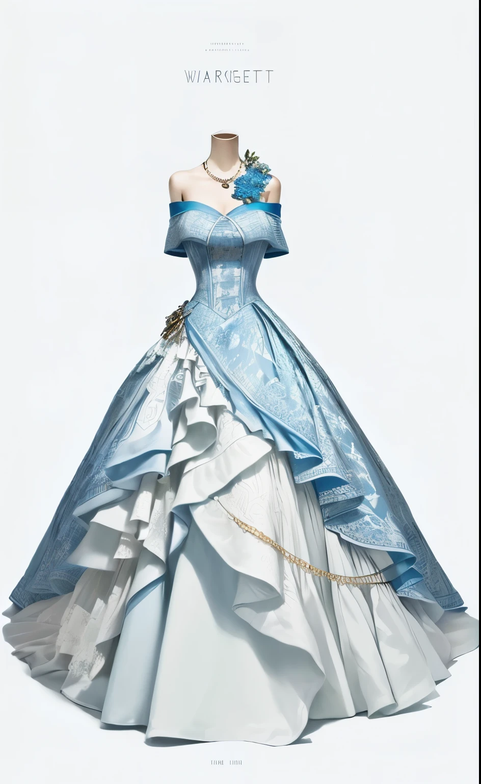 Off-shoulder dress, inspired by William Harnett, Propaganda Art,, Dress, The art of math,, Gorgeous dress, alternate album cover,, High Detail, Detailed clothes,White and blue,Jewelry
